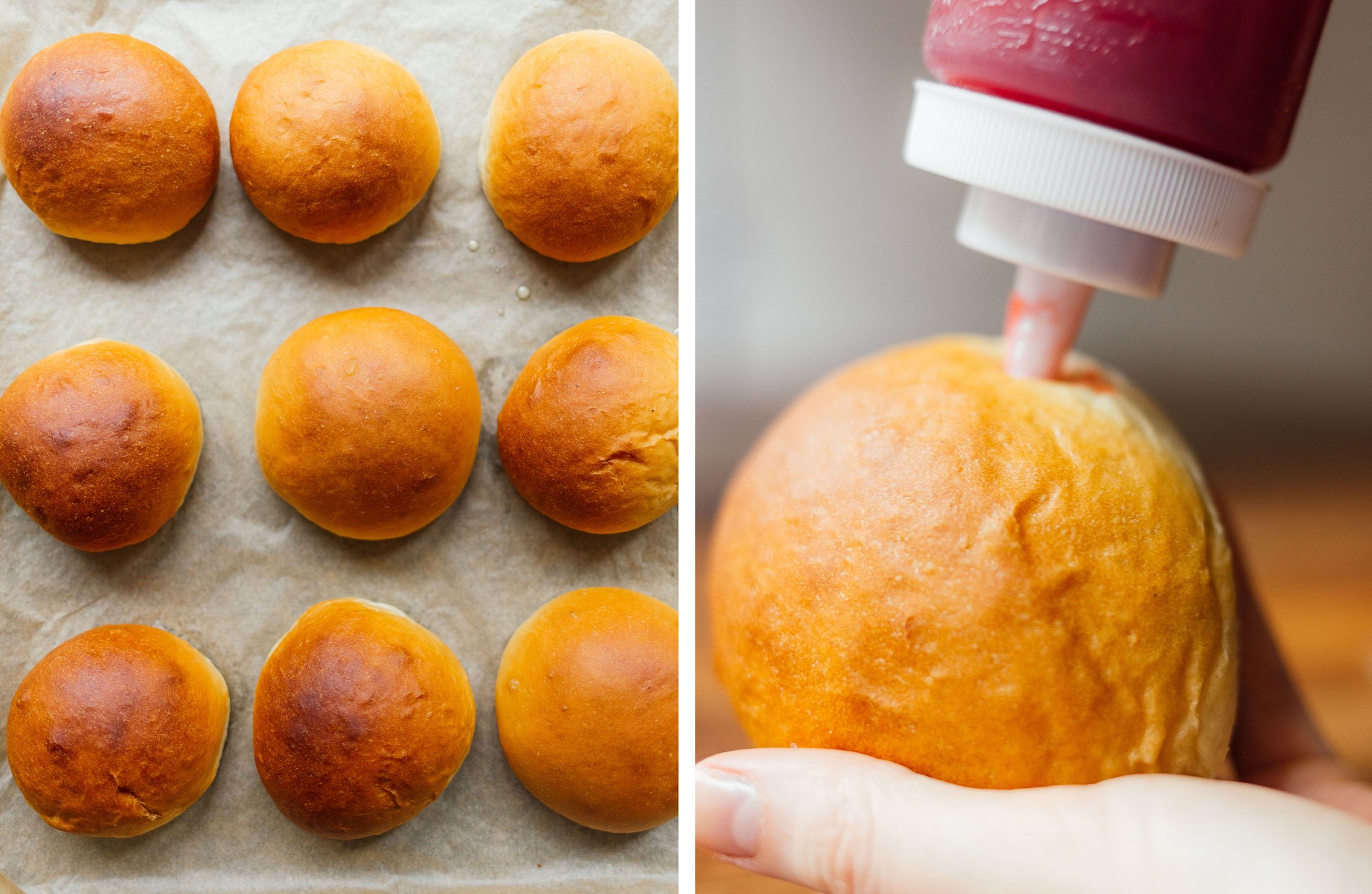 vegan doughnuts after baking; doughnuts are filled with jam