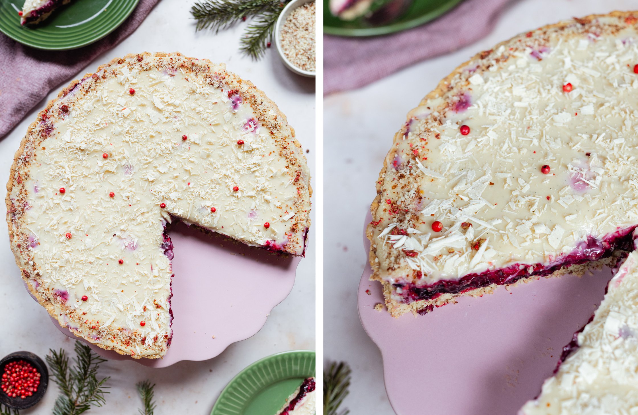 vegane weiße Schokoladentarte mit rosa Pfeffer angeschnitten