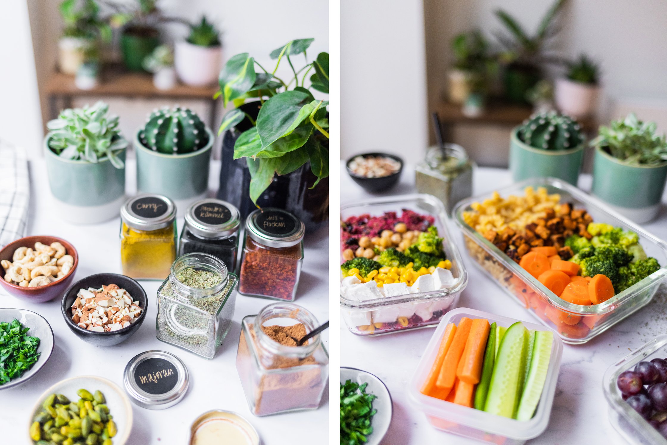 On the left, various vegetables and toppings; on the right, prepared food in tupperware.