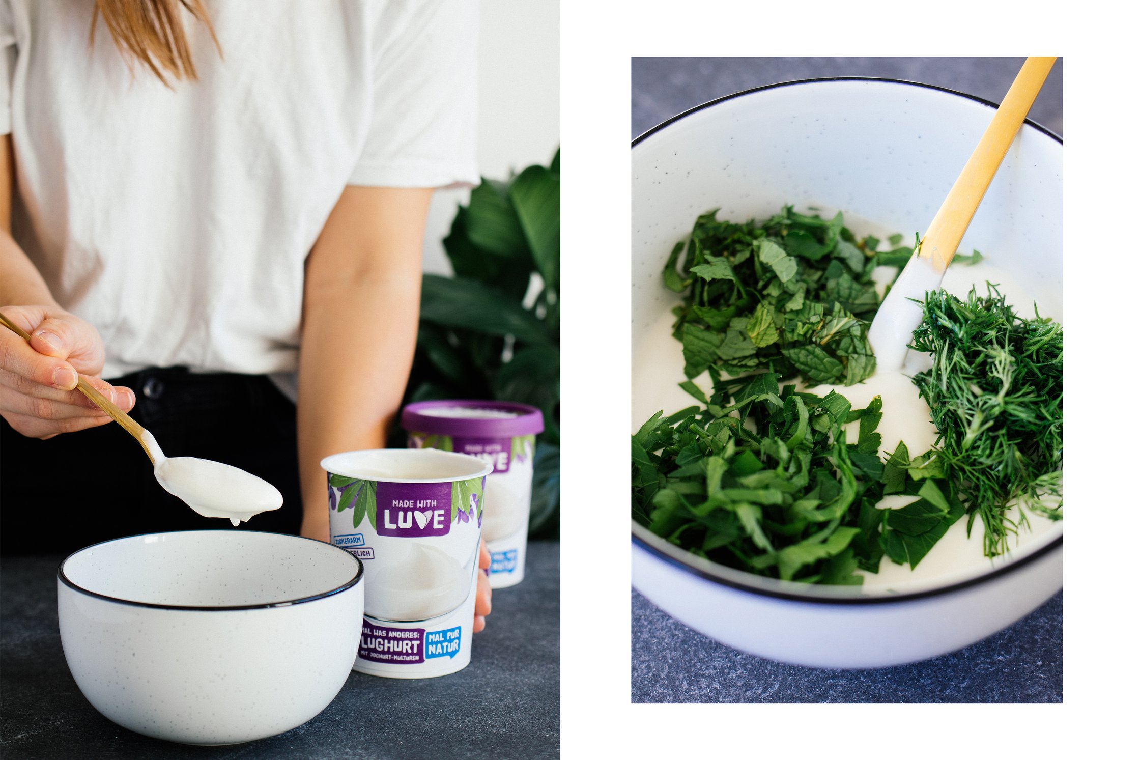 mixing vegan herbed yogurt dip