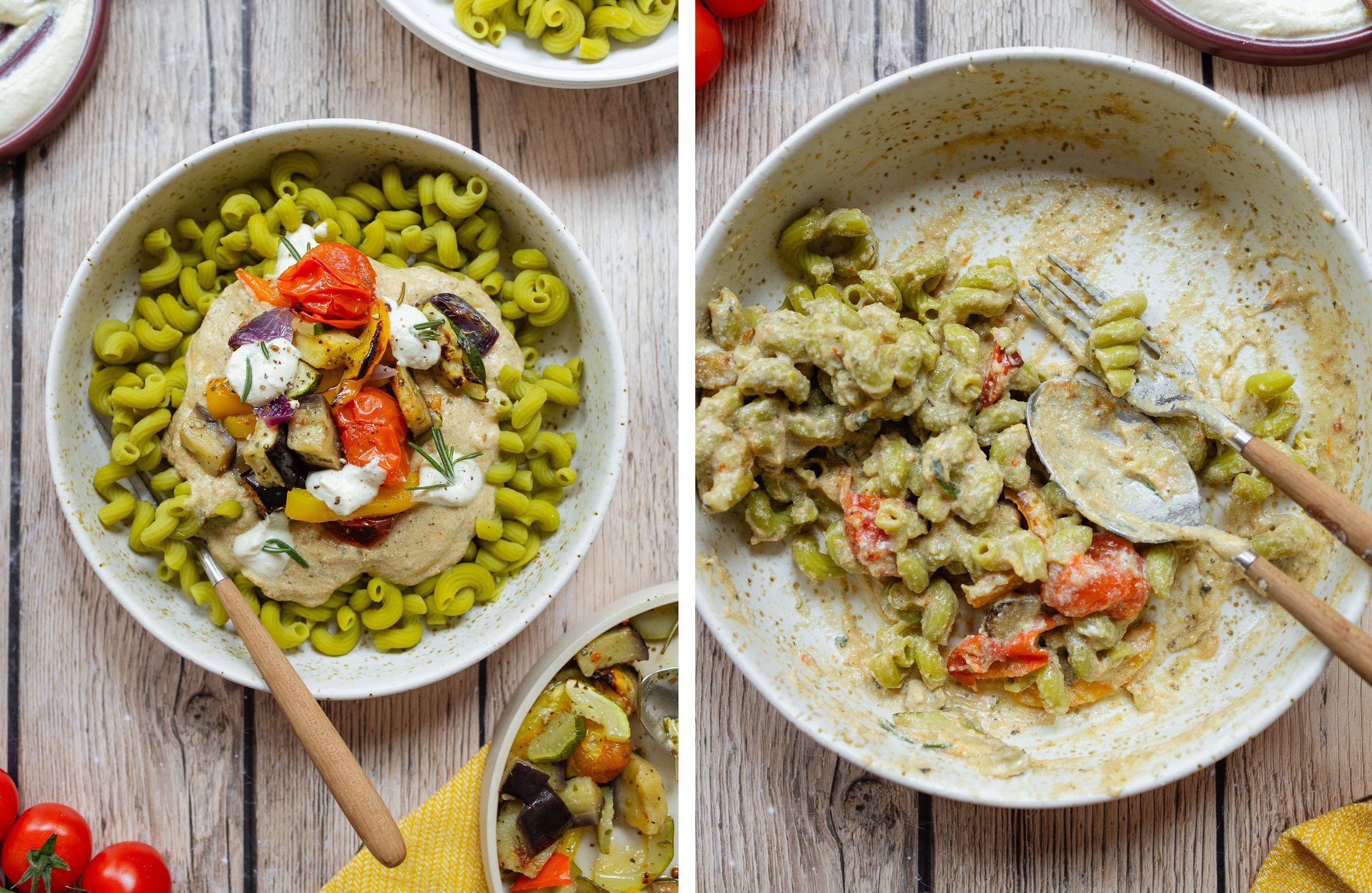 Ofengemüse-Pasta mit Zitronen-Ricotta-Creme auf einem Teller; Teller fast leer gegessen