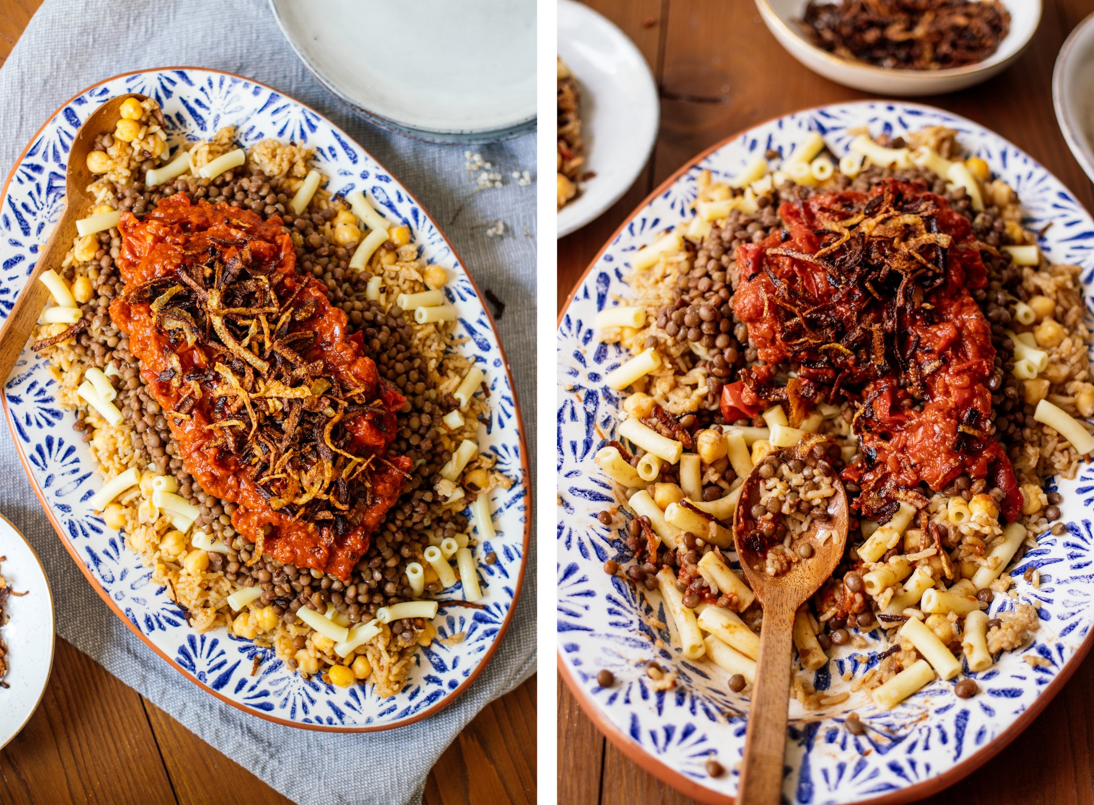 Vegan kushari spooned out