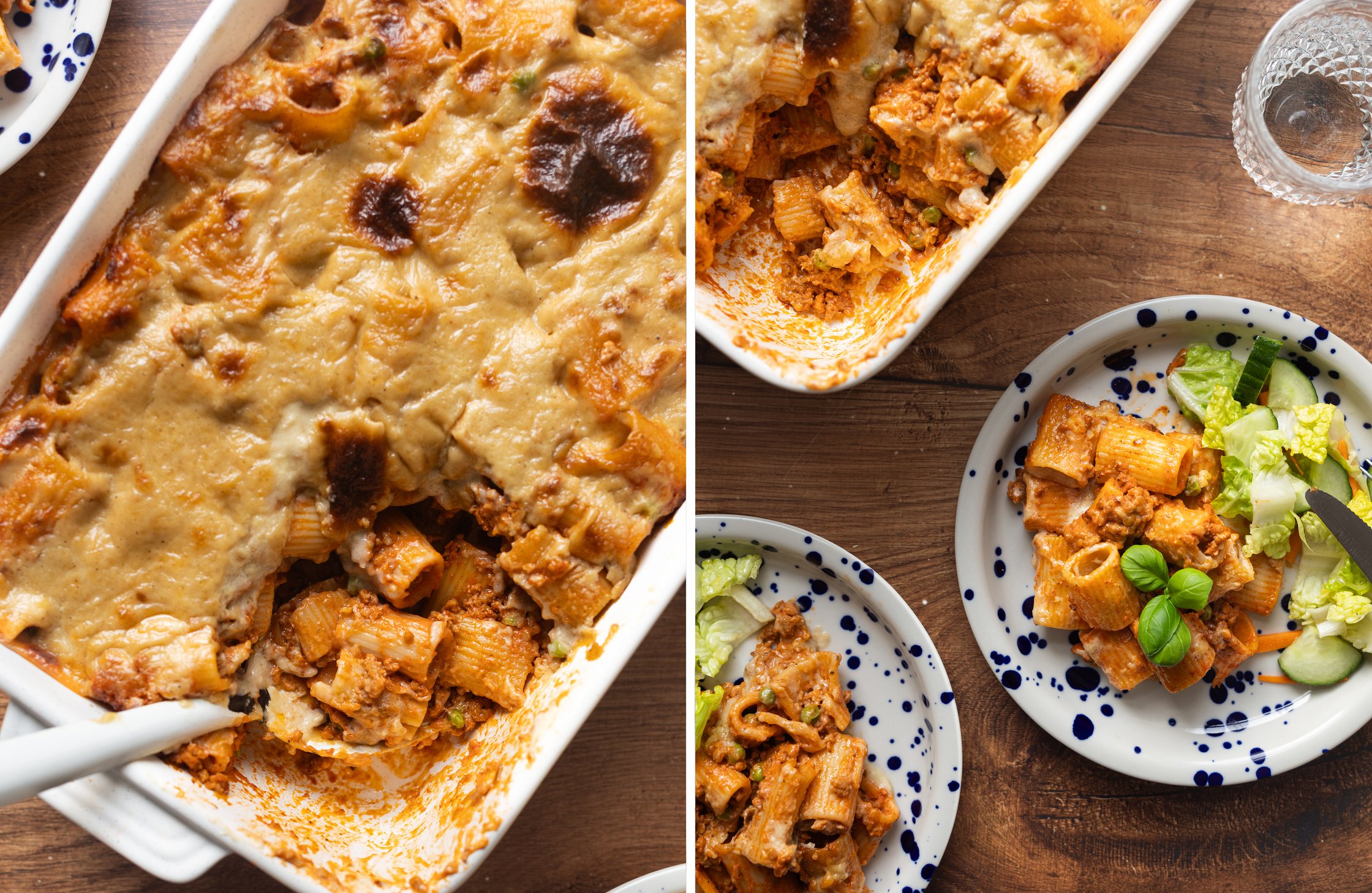 Zweigeteiltes Bild mit Rigatoni al Forno in der Auflaufform und auf einem Teller mit Salat.
