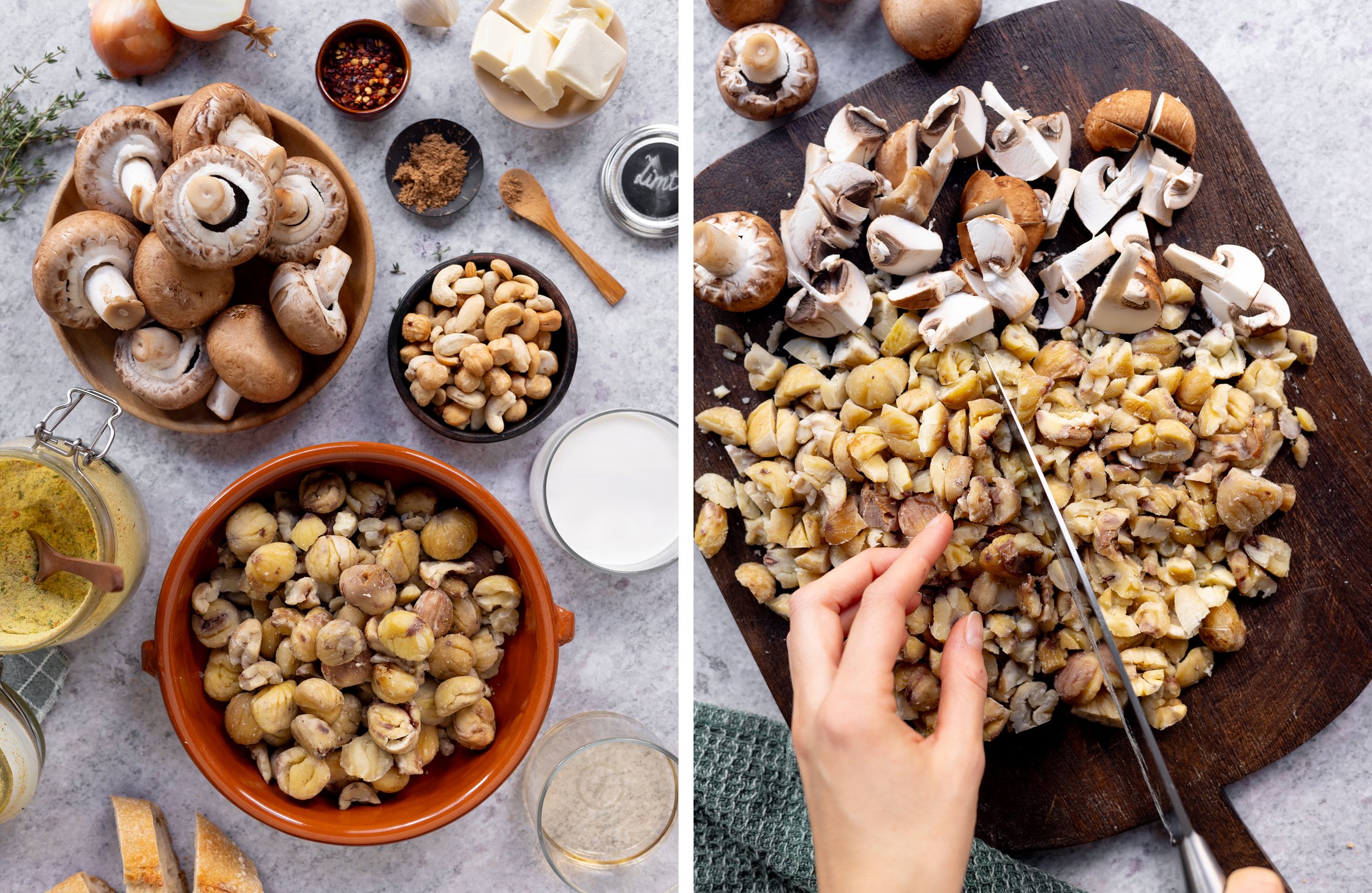 links: zutaten für vegane maronensuppe - Pilze, Maronen, Gemüsebrühe, wein, sahne, Chili, Zwiebel
rechts: Pilze und Maronen w