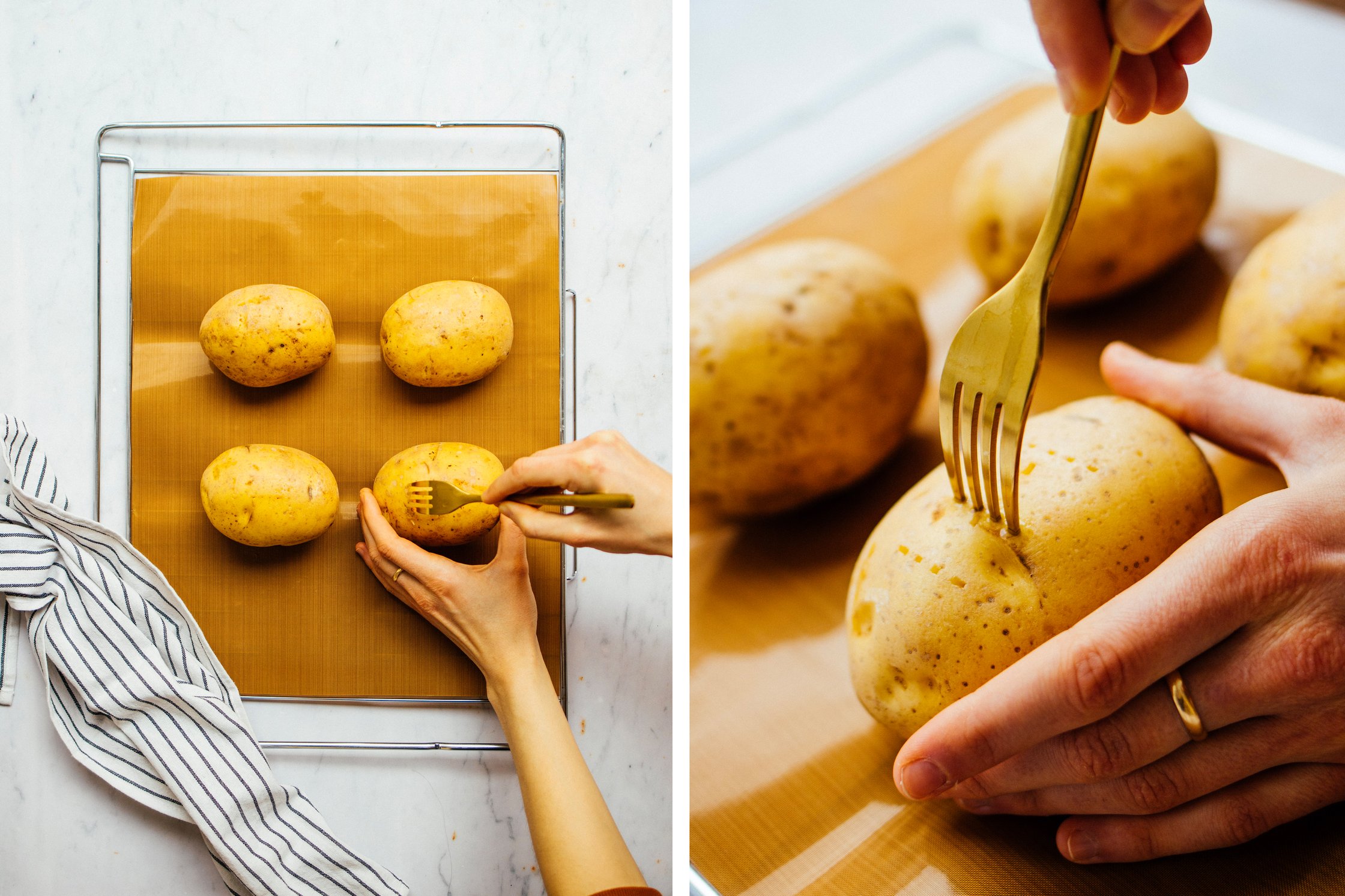 A tray of potatoes, hands and a fork