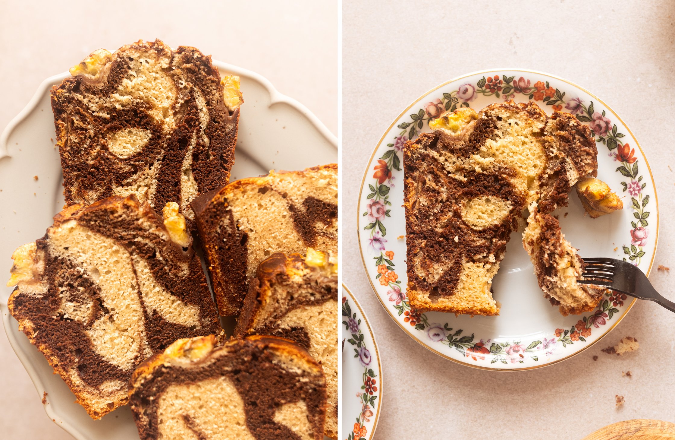 Two-part image - Left: Several slices of marble banana bread on a plate. Right: A piece of marble banana bread on a plate wit