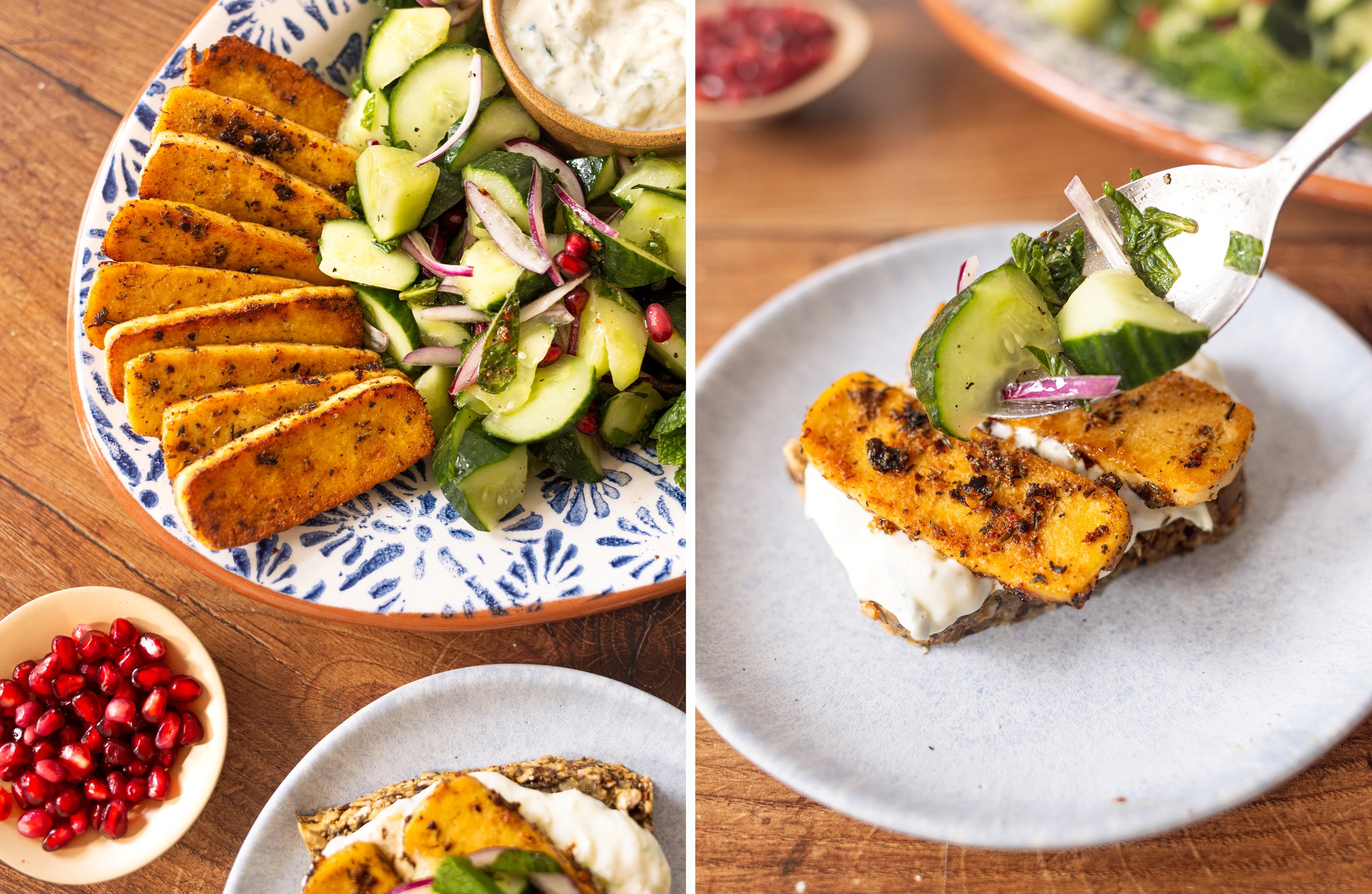 Zweigeteiltes Bild - Rechts: Veganer Halloumi-Toast auf einem Teller. Links: Zutaten für vegane Halloumi-Toast auf einer Plat