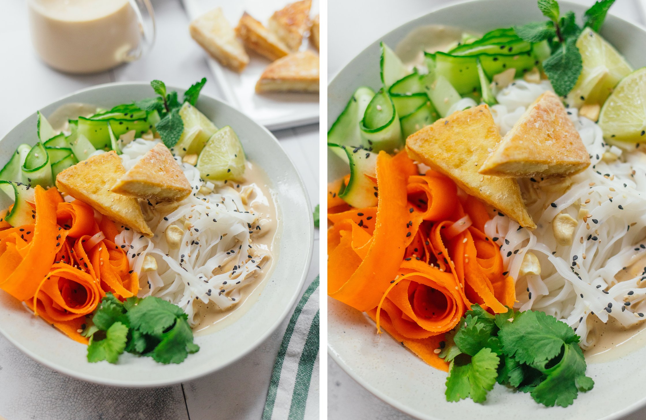 a plate of rice noodles with tofu in peanut sauce