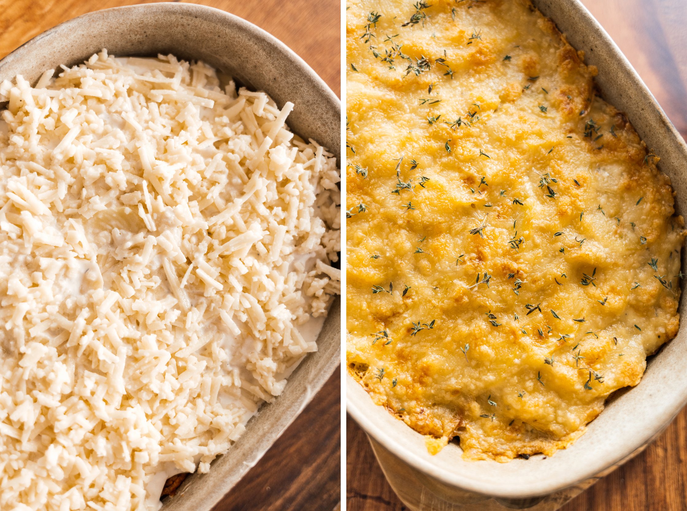 vegane käseschicht vor und nach dem backen auf Veganem Kartoffel-Hack-Auflauf