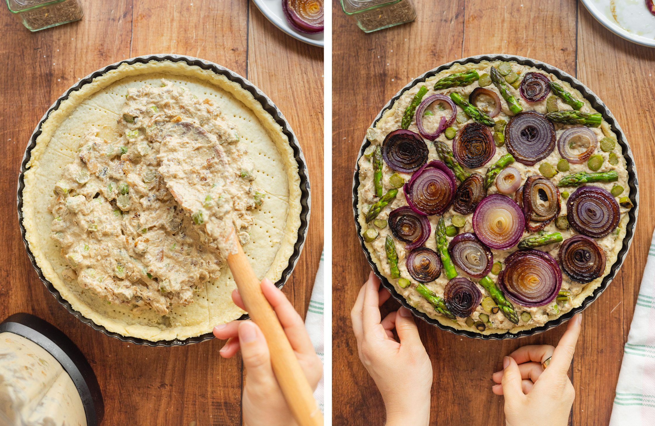 adding the filling on top of the dough; vegan quiche with onions and asparagus before baking