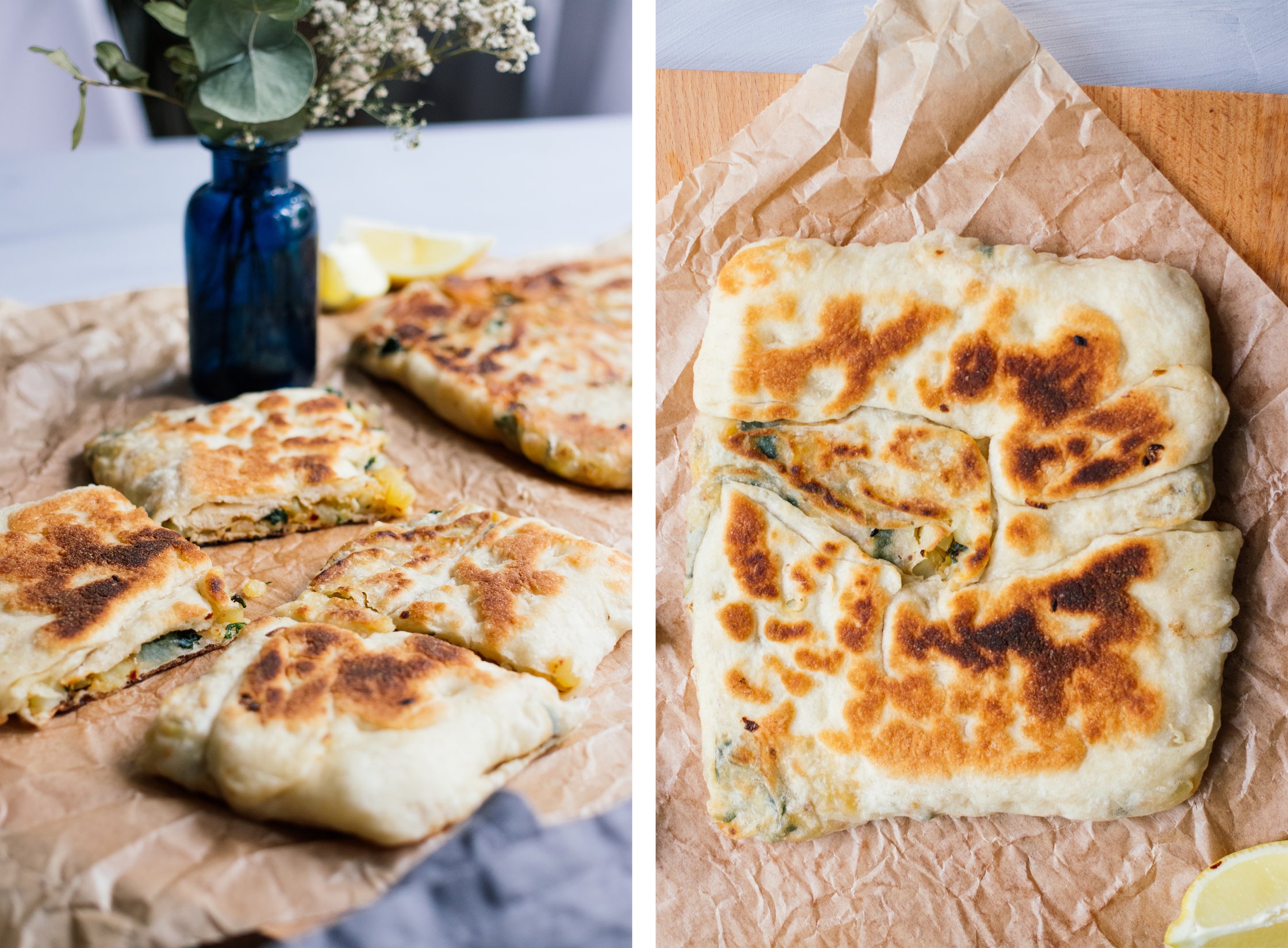 fried gozleme on a wooden board