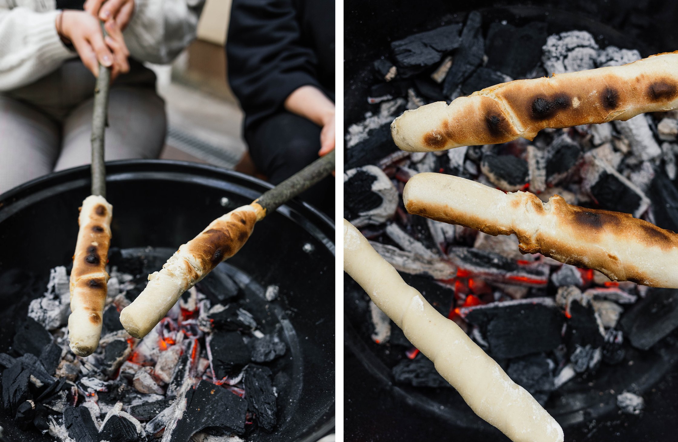veganes Stockbrot wird über dem Grill braun gebacken