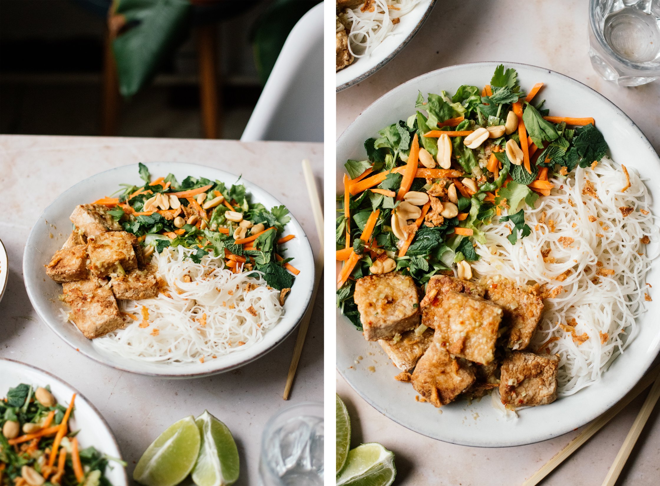 Veganer Reisnudelsalat mit gebackenem Tofu & Zitronengrasdressing