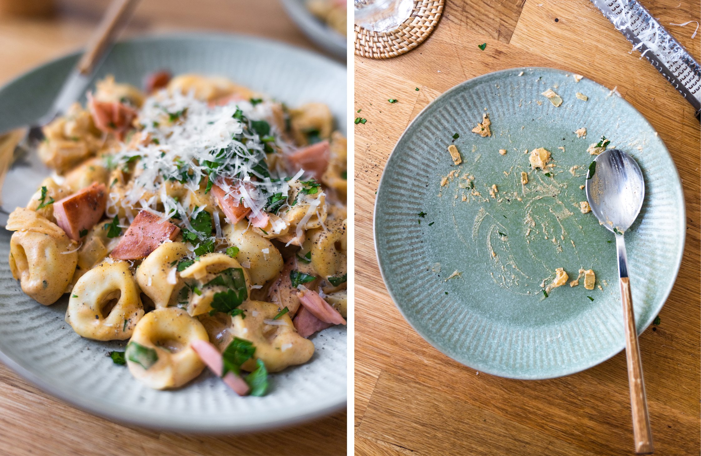 links: ein voller Teller mit Tortellini, Schinken, Petersilie, veganem Parmesan, Löffel
rechts: ein leer gegessener Teller, e