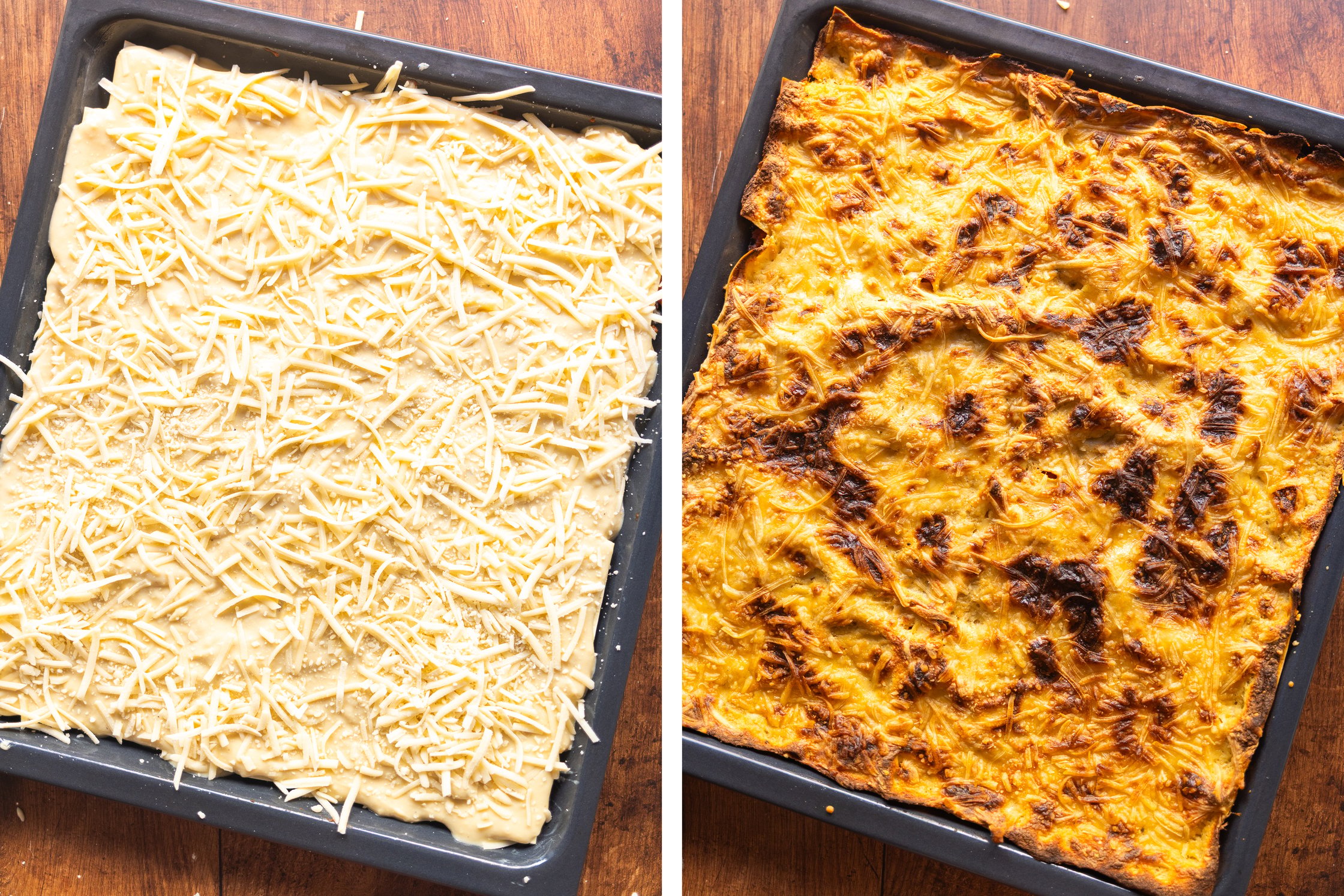 veganer Käse auf einer Lasagne vor und nach dem Backen