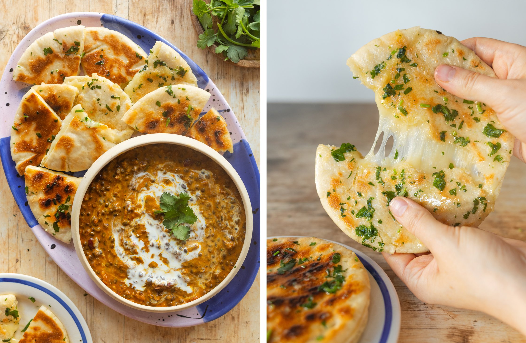Dal Makhani mit Knoblauch-Käse-Pita angerichtet auf einer Platte; Pita-Brot mit geschmolzenem Käse