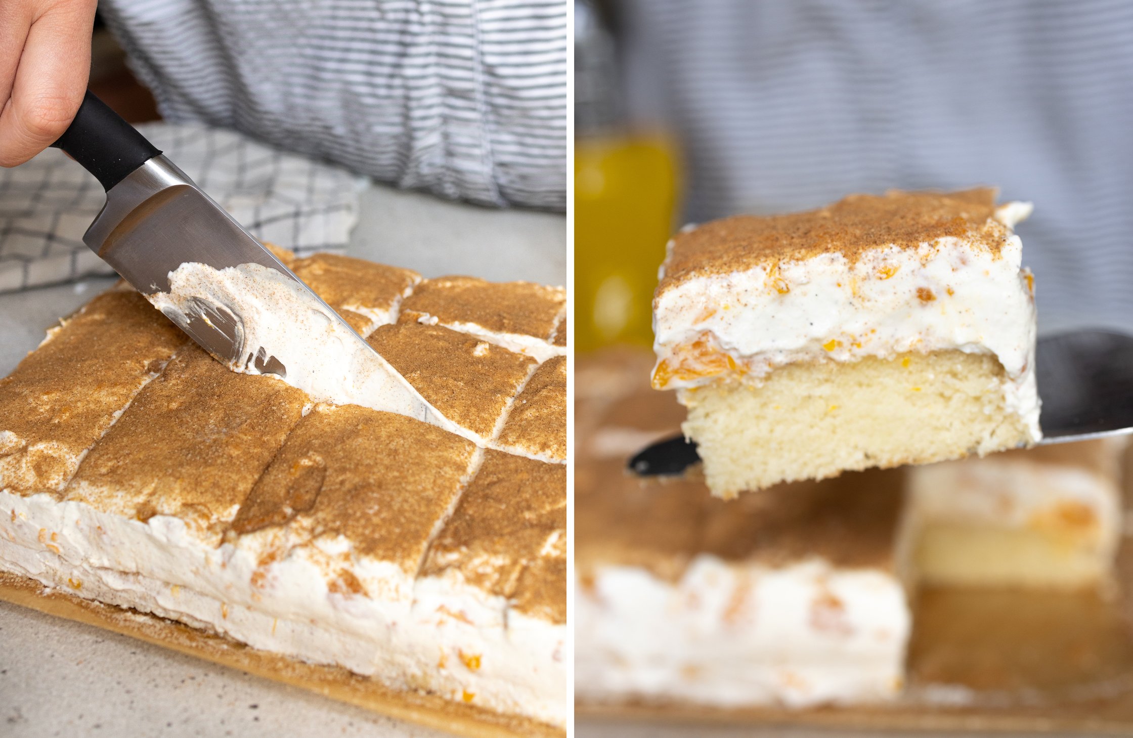 Ein geteiltes Bild: Rechts wird der fertige Fantakuchen in Stücke geschnitten und links ist ein angebissenes Stück zu sehen.
