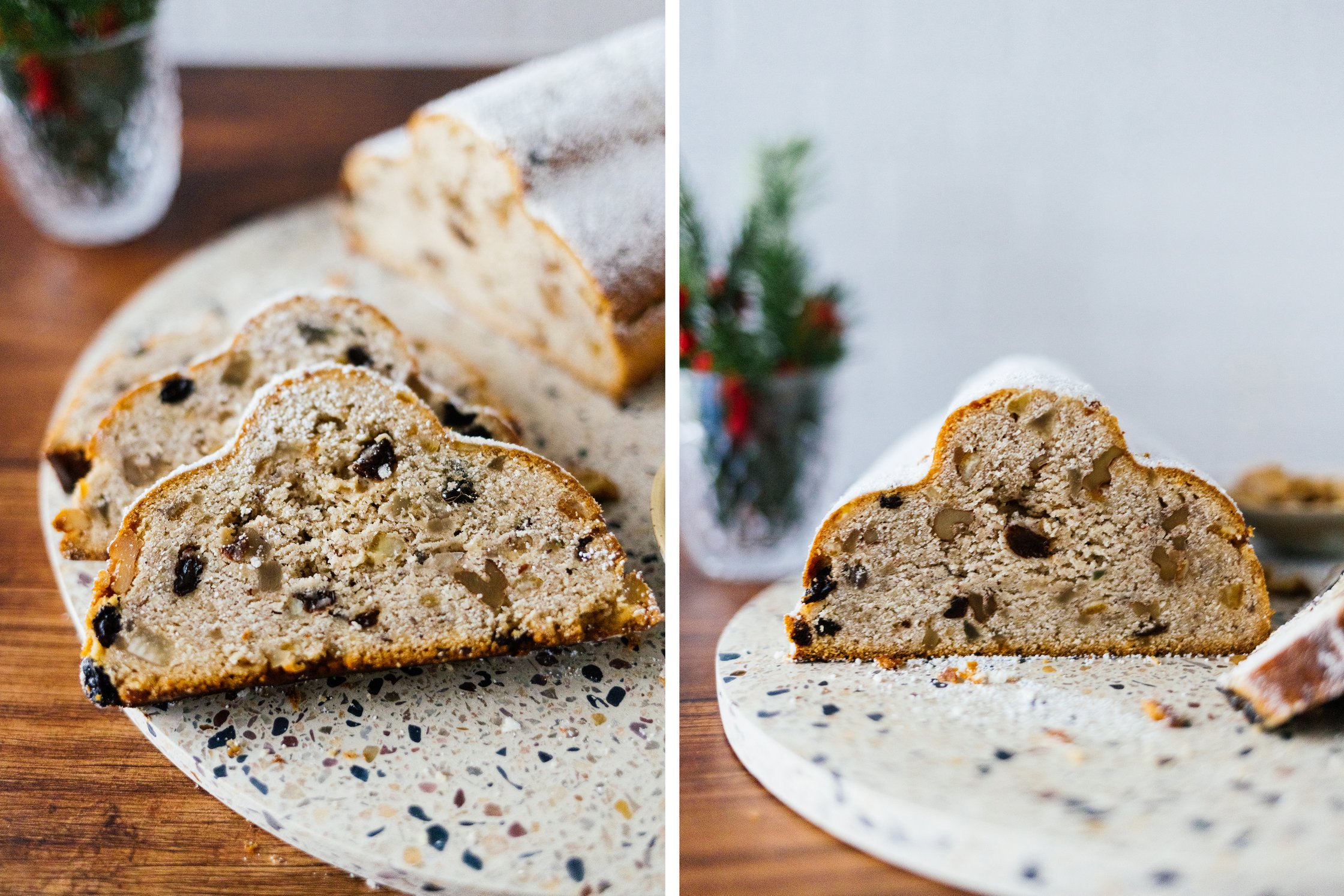 christmas stollen on a white plates