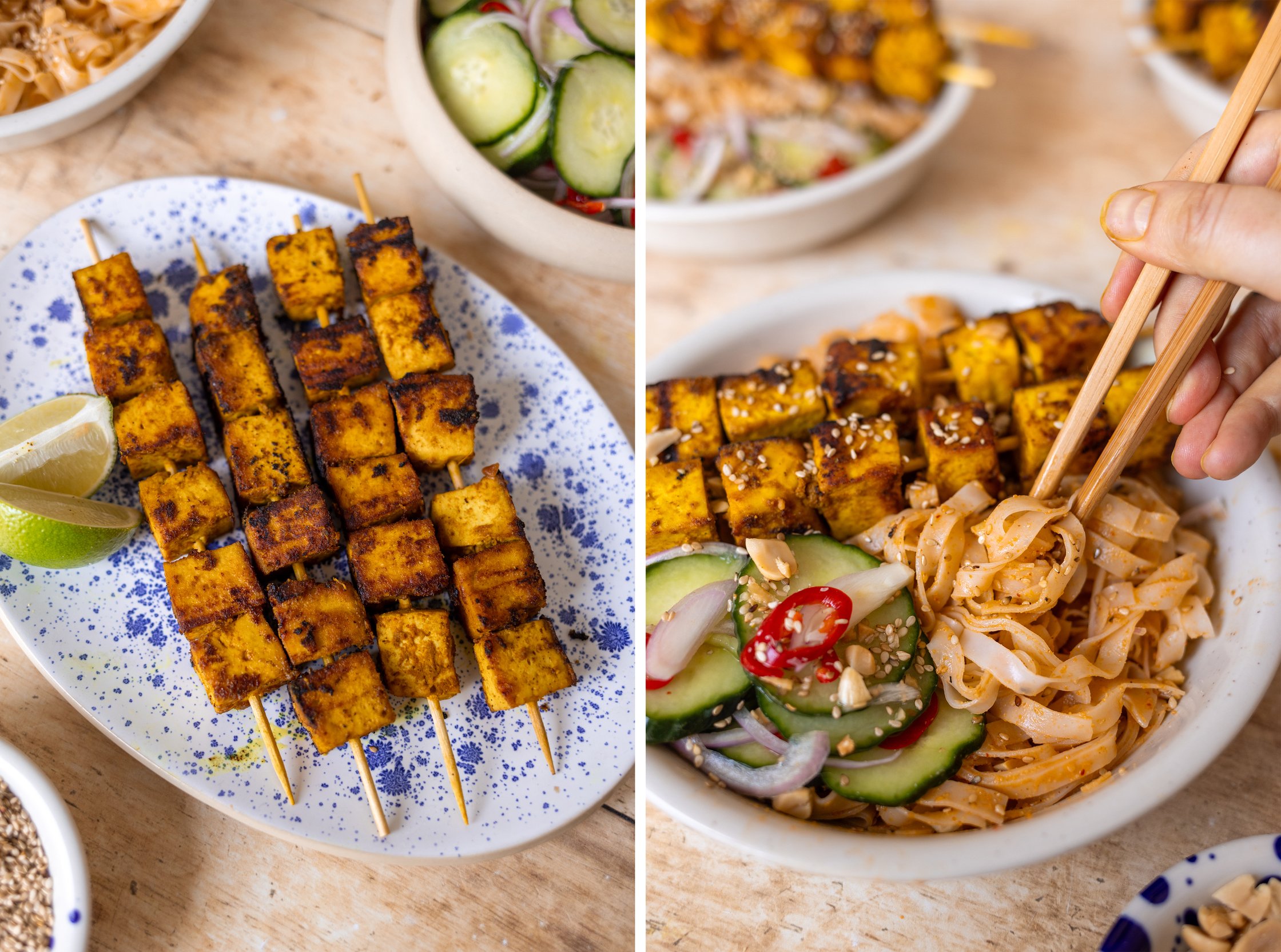 A close up from the skewers on the left. Hands eating the pasta on the right.
