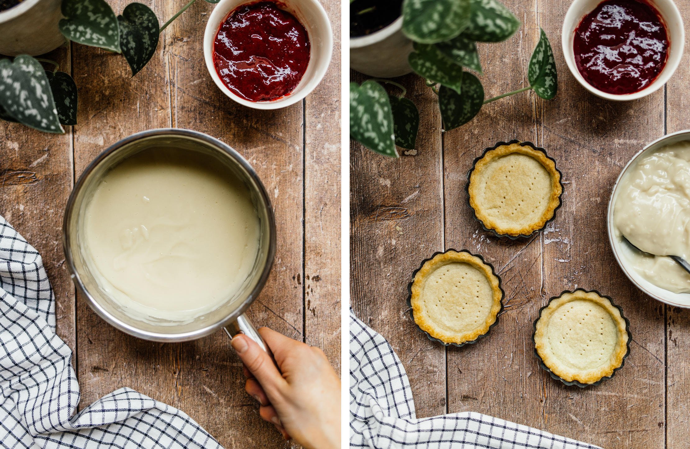 cooking vanilla pudding; baked tartelette bottoms, bowls with jam and vanilla pudding