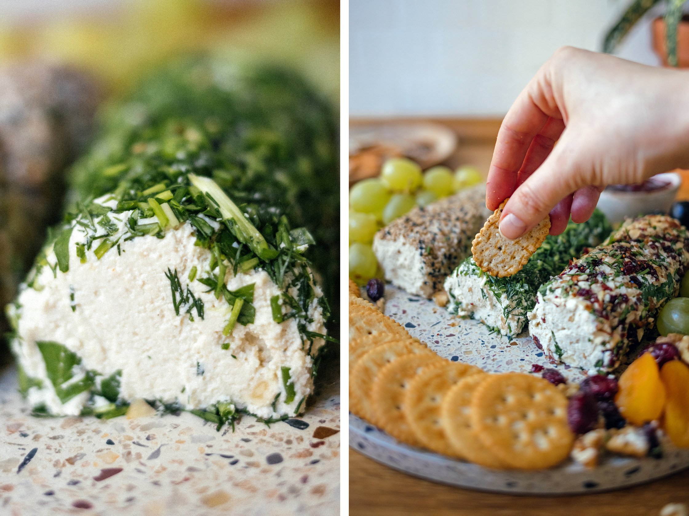nahaufnahme von veganen frischkäse rollen mit kräutern