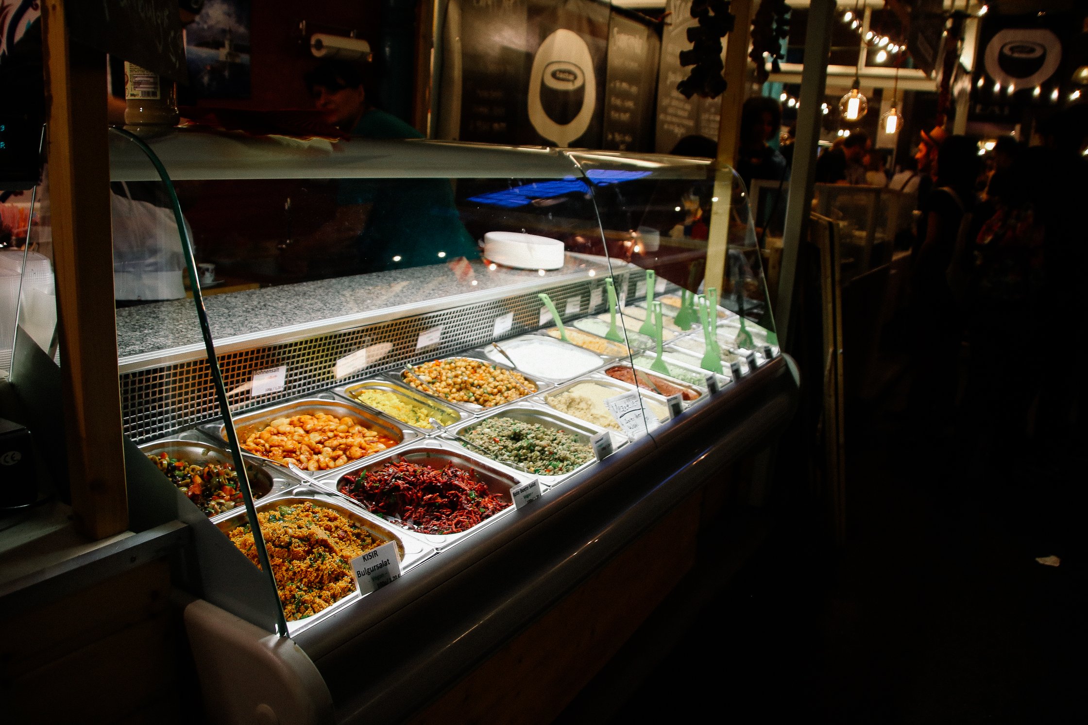 a counter with food