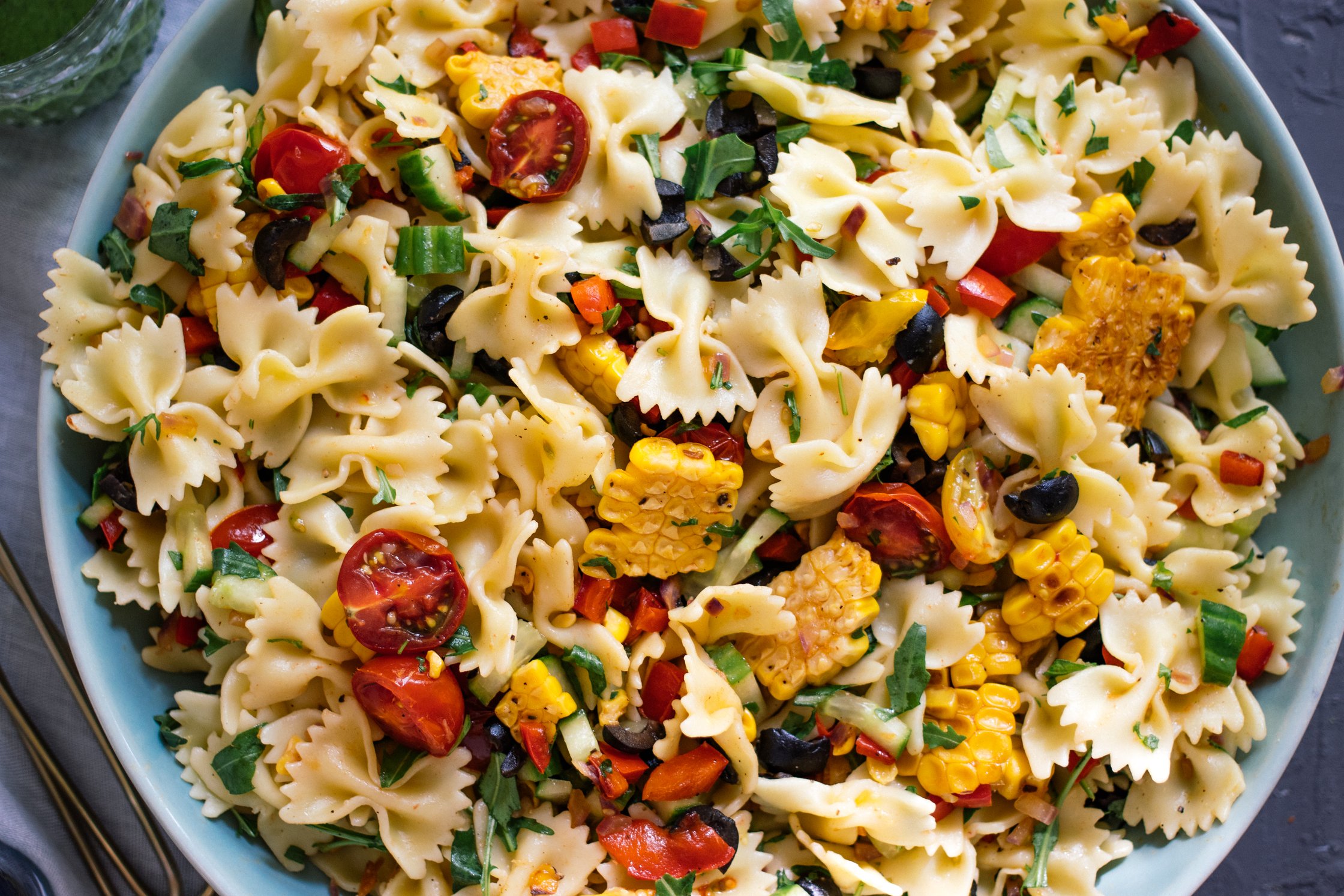 closeup of vegan pasta salad
