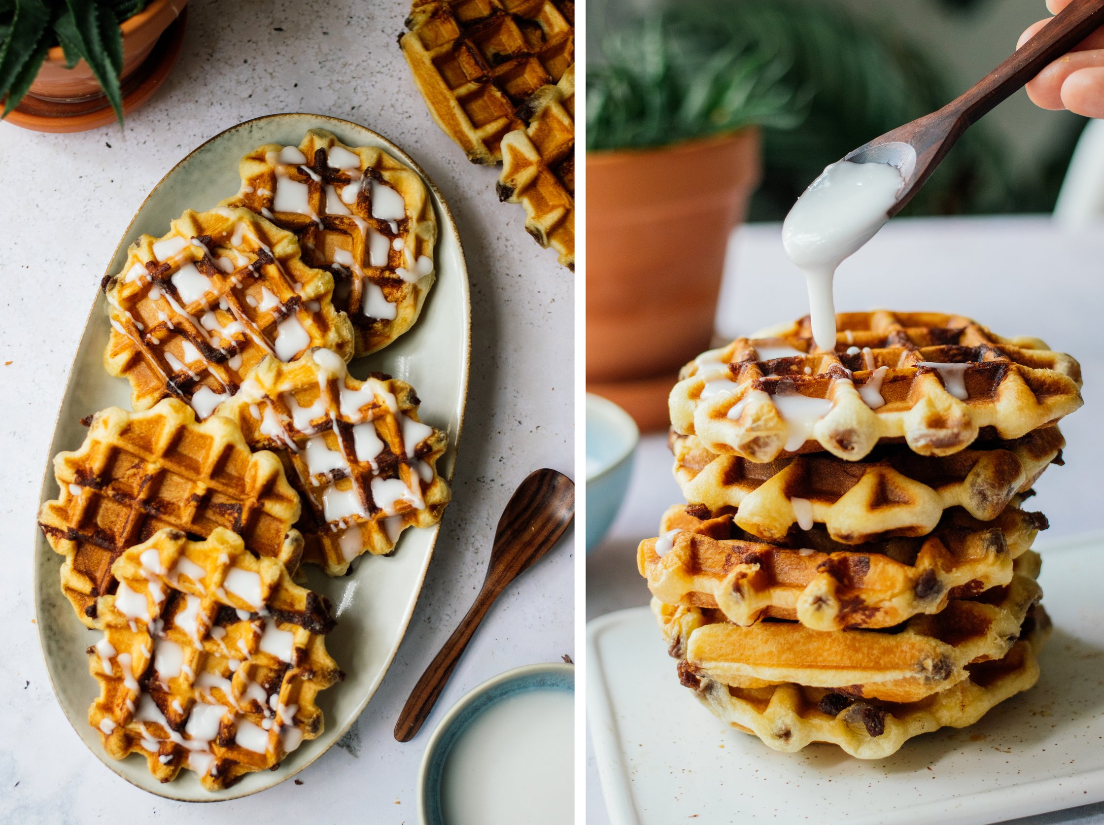 drizzling glaze on top of Vegan cinnamon roll waffles