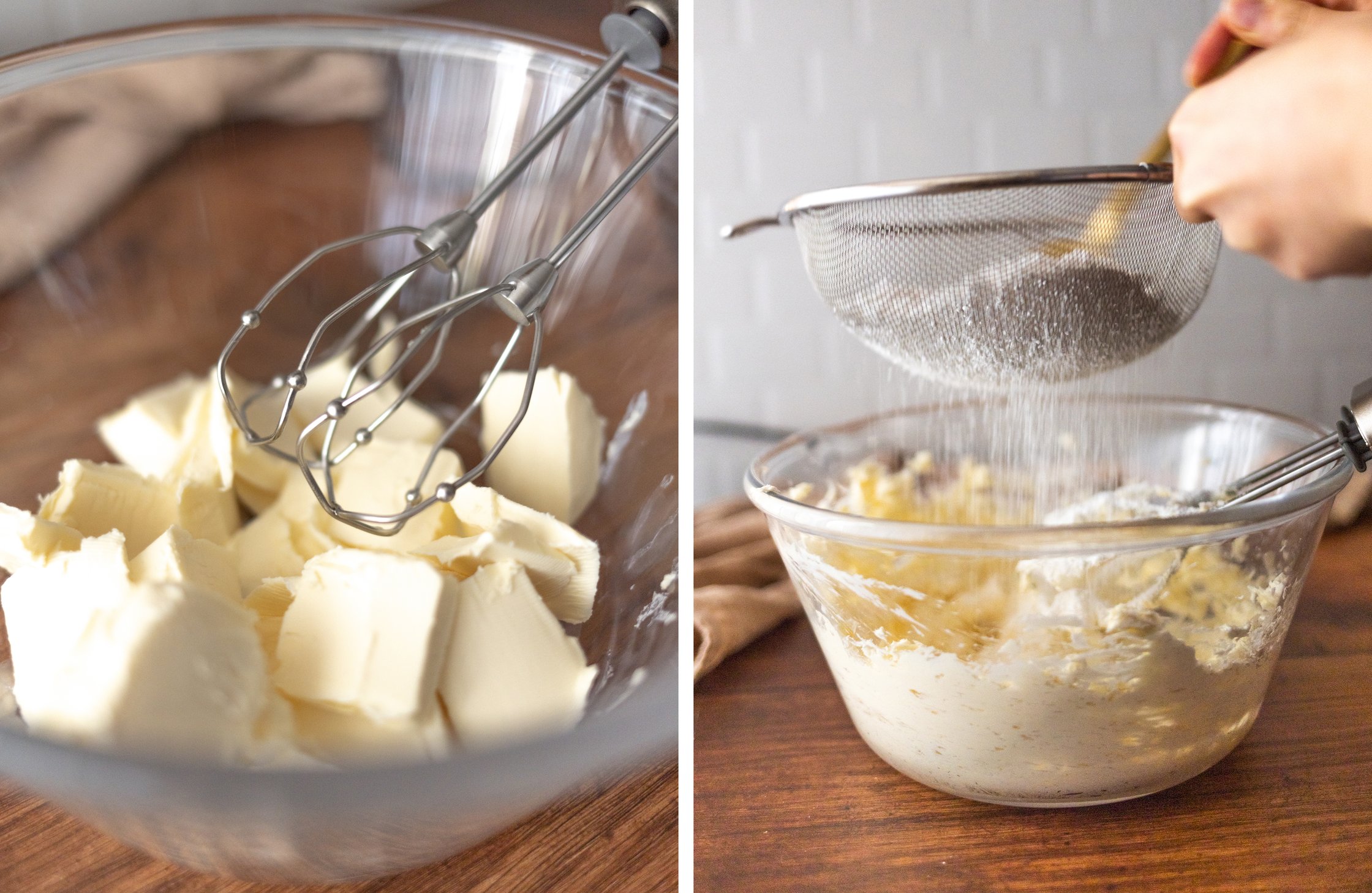 links: butter in schüssel mit handrührgerät
rechts: Puderzucker wird in schüssel gesiebt