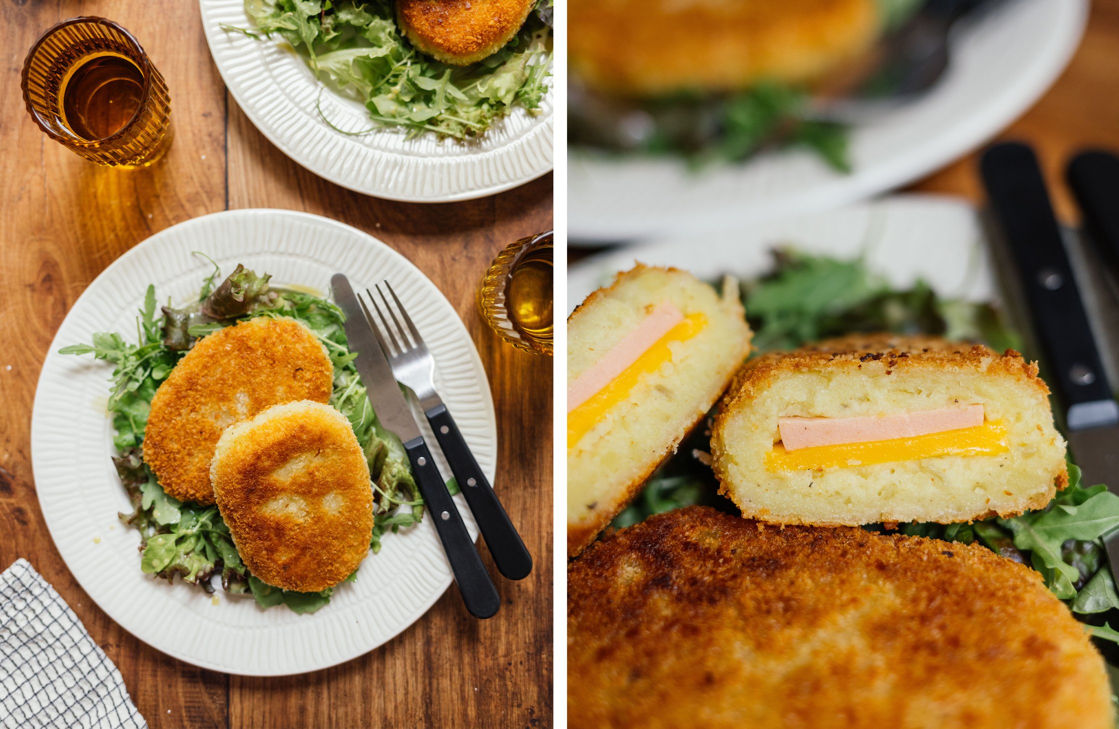 vegan dumpling cordon bleu served on salad; vegan dumpling cordon bleu cut in half