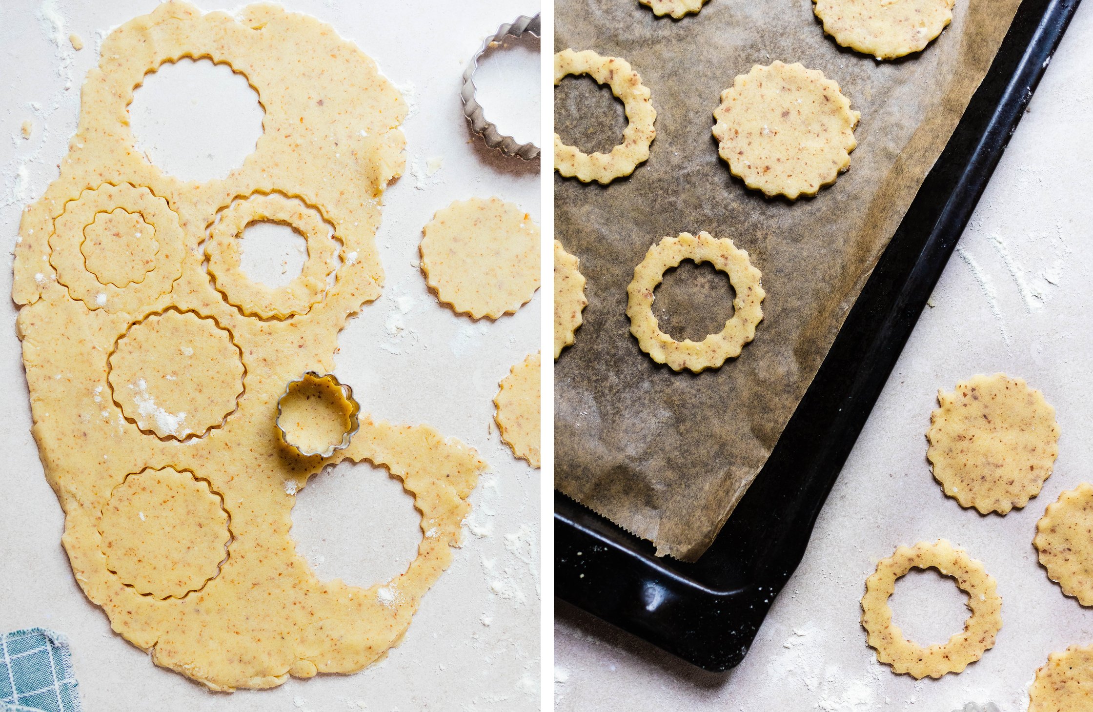 Plätzchen werden ausgestochen und auf ein Backblech gelegt