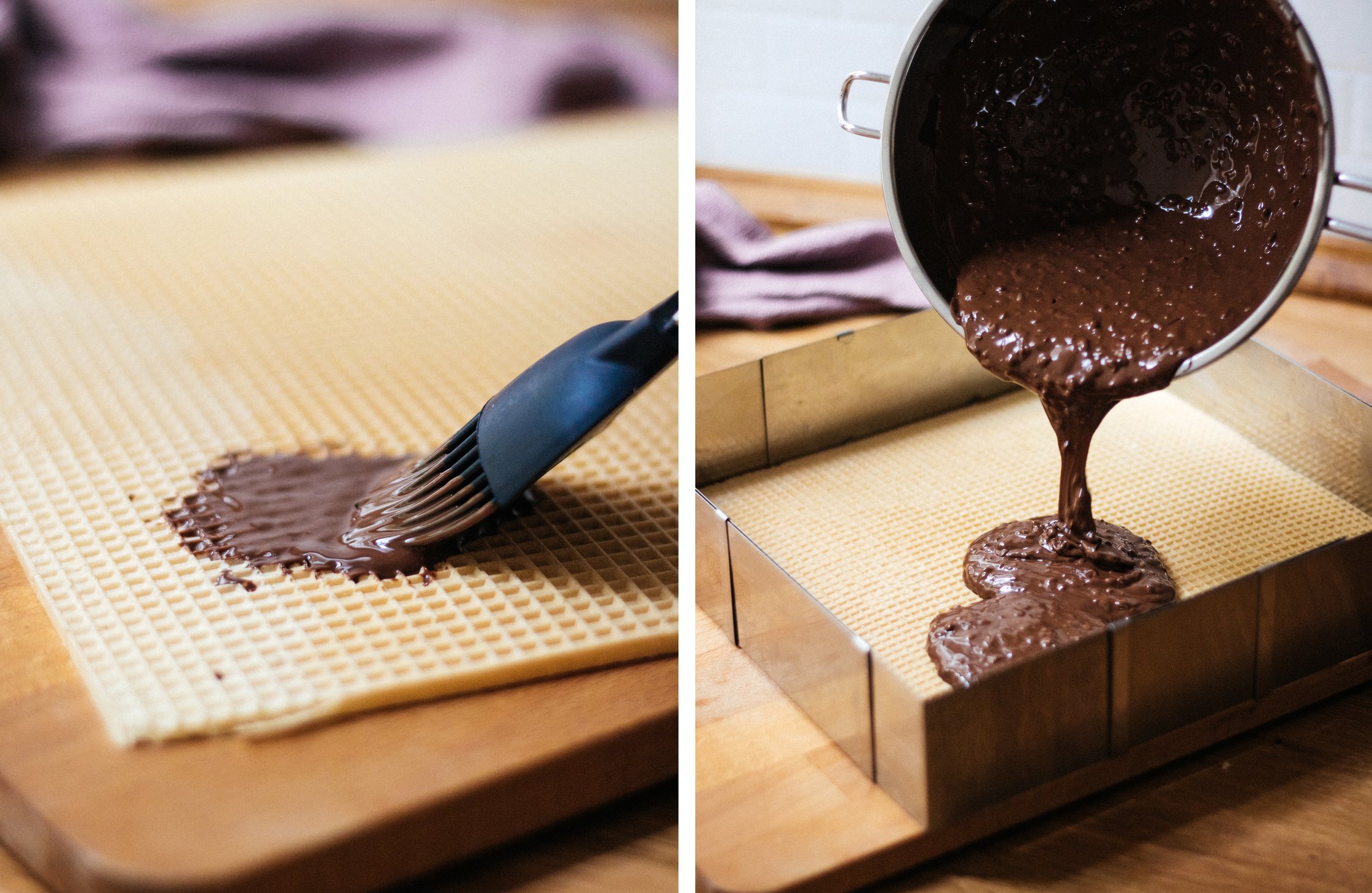 left: vegan waffle plates are coated with chocolate
right: chocolate mass is poured onto waffle plate