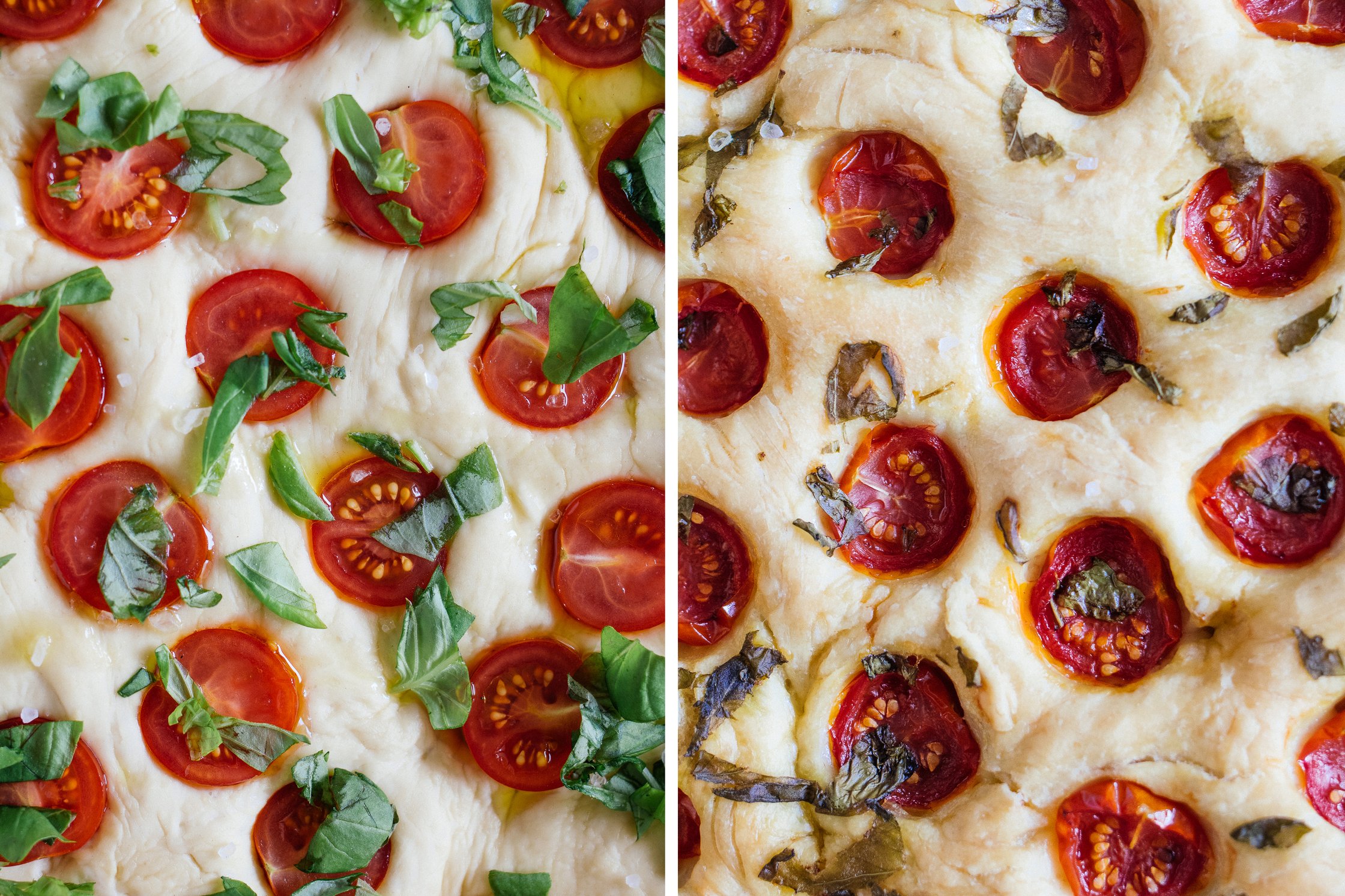 vegane Focaccia vor und nach dem Backen