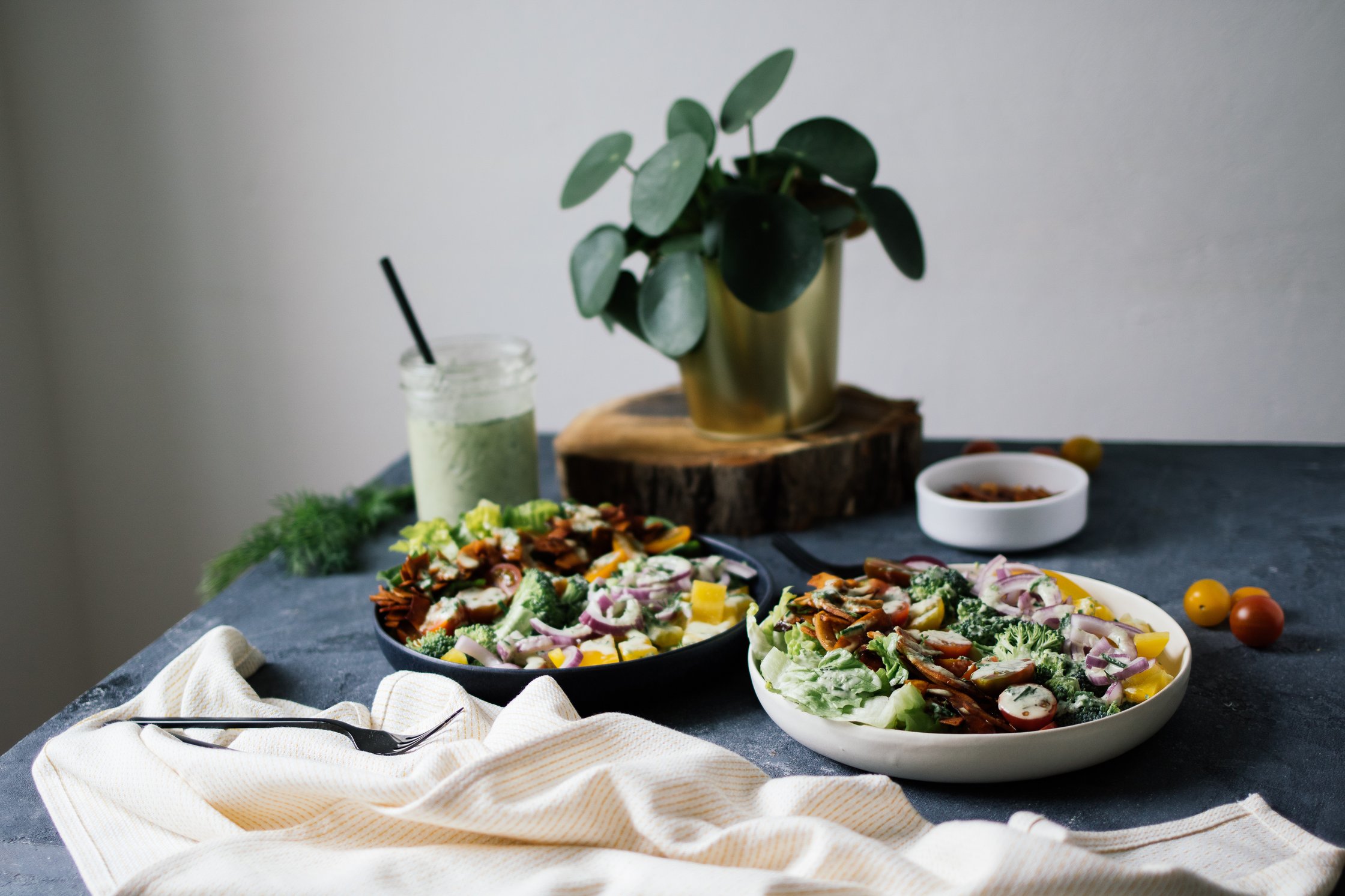 vegan salad with coconut bacon