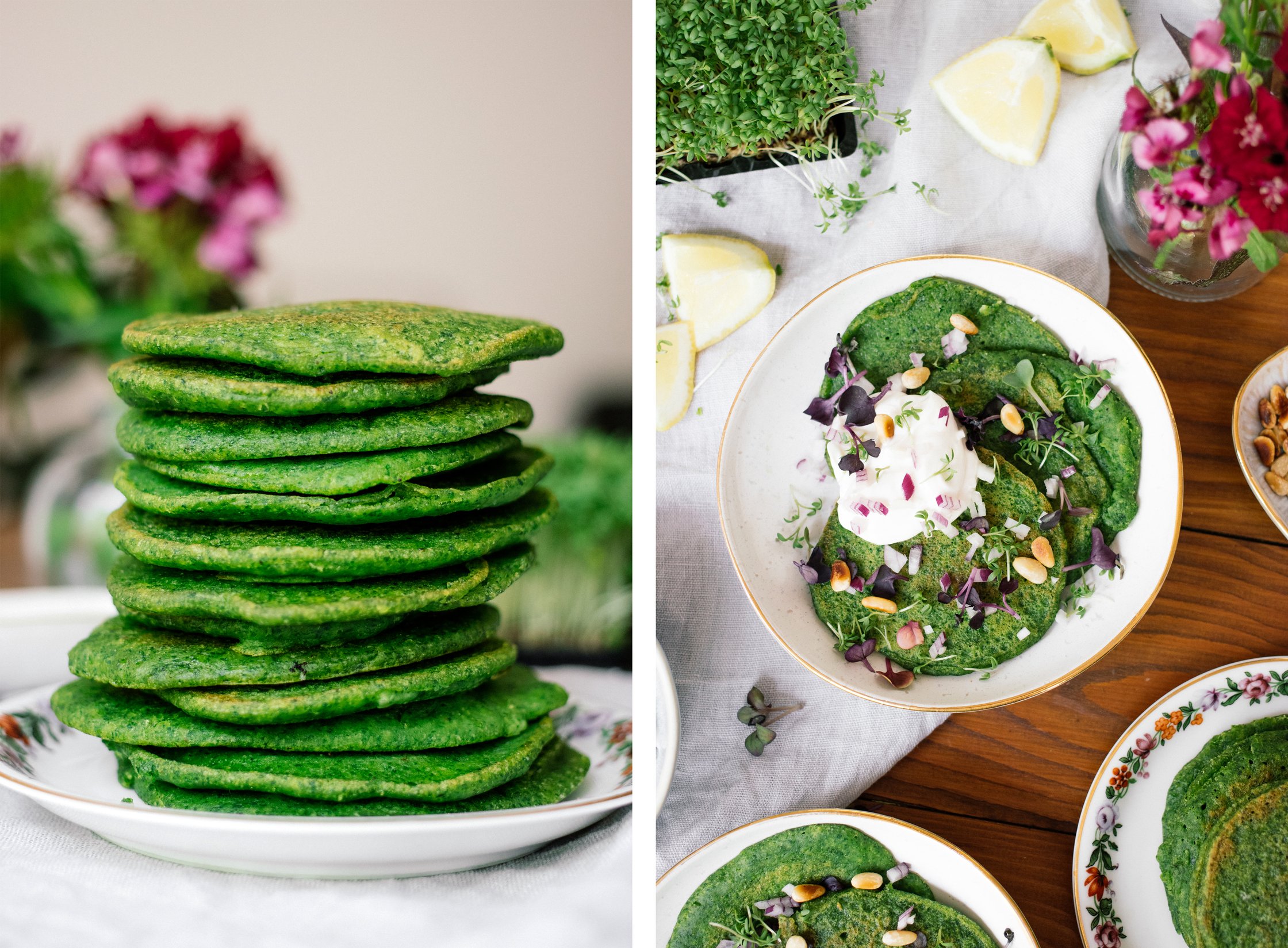 a staqck of vegan spinach pancakes