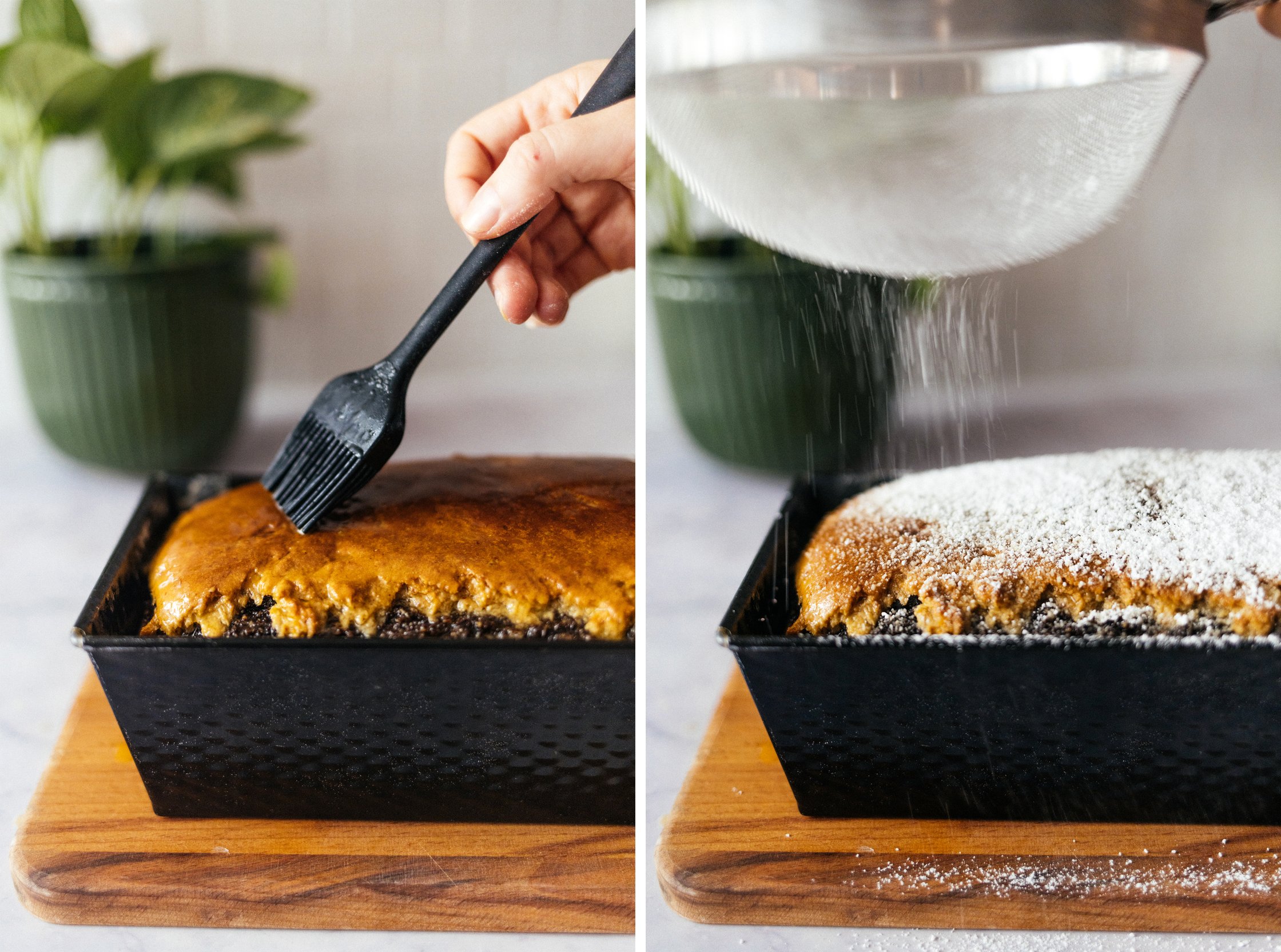 brushing vegan stollen cake with plant based butter and dusting it with confectioners sugar