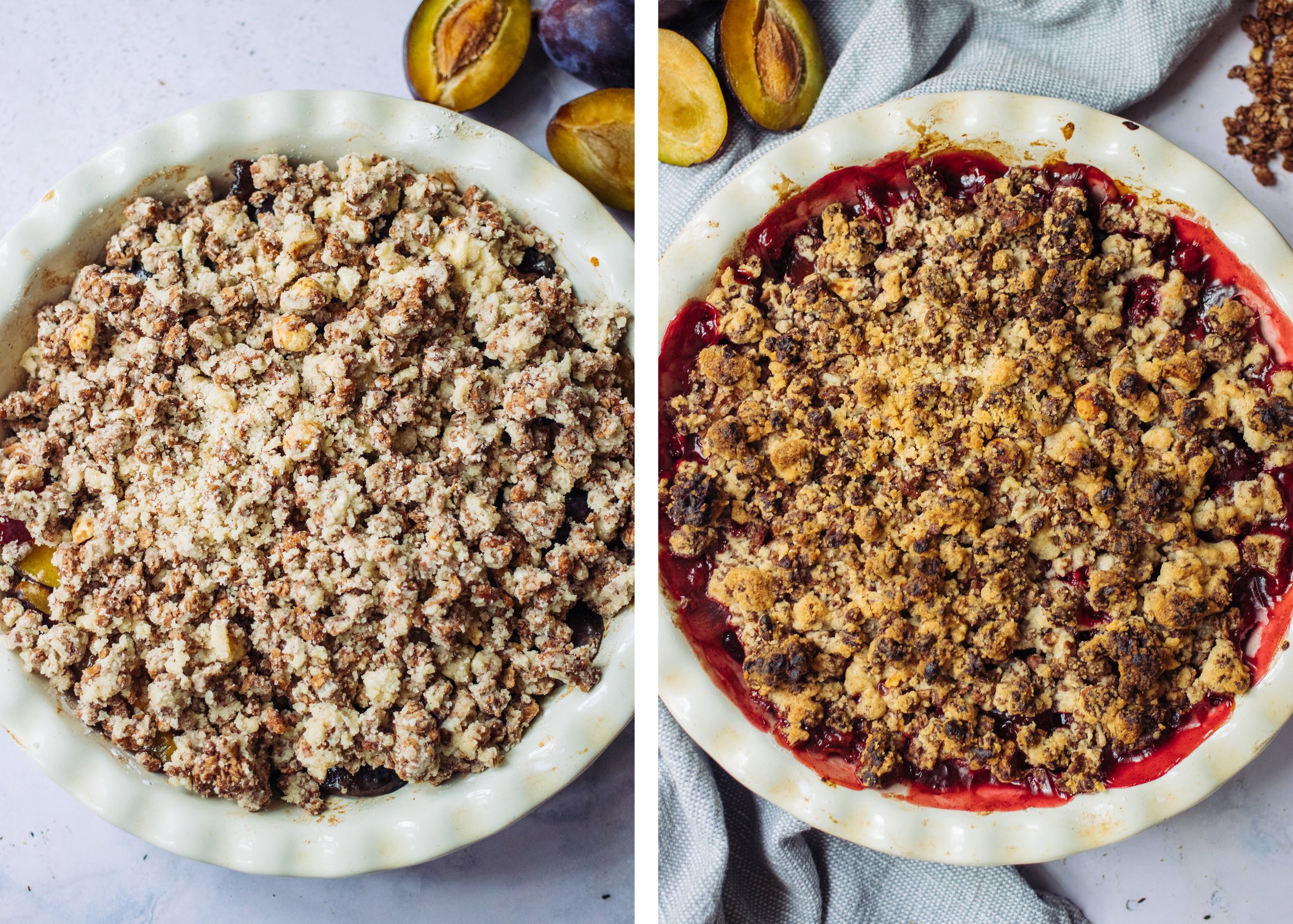 Veganer Schokoladencrumble mit Zwetschgen vor und nach dem backen