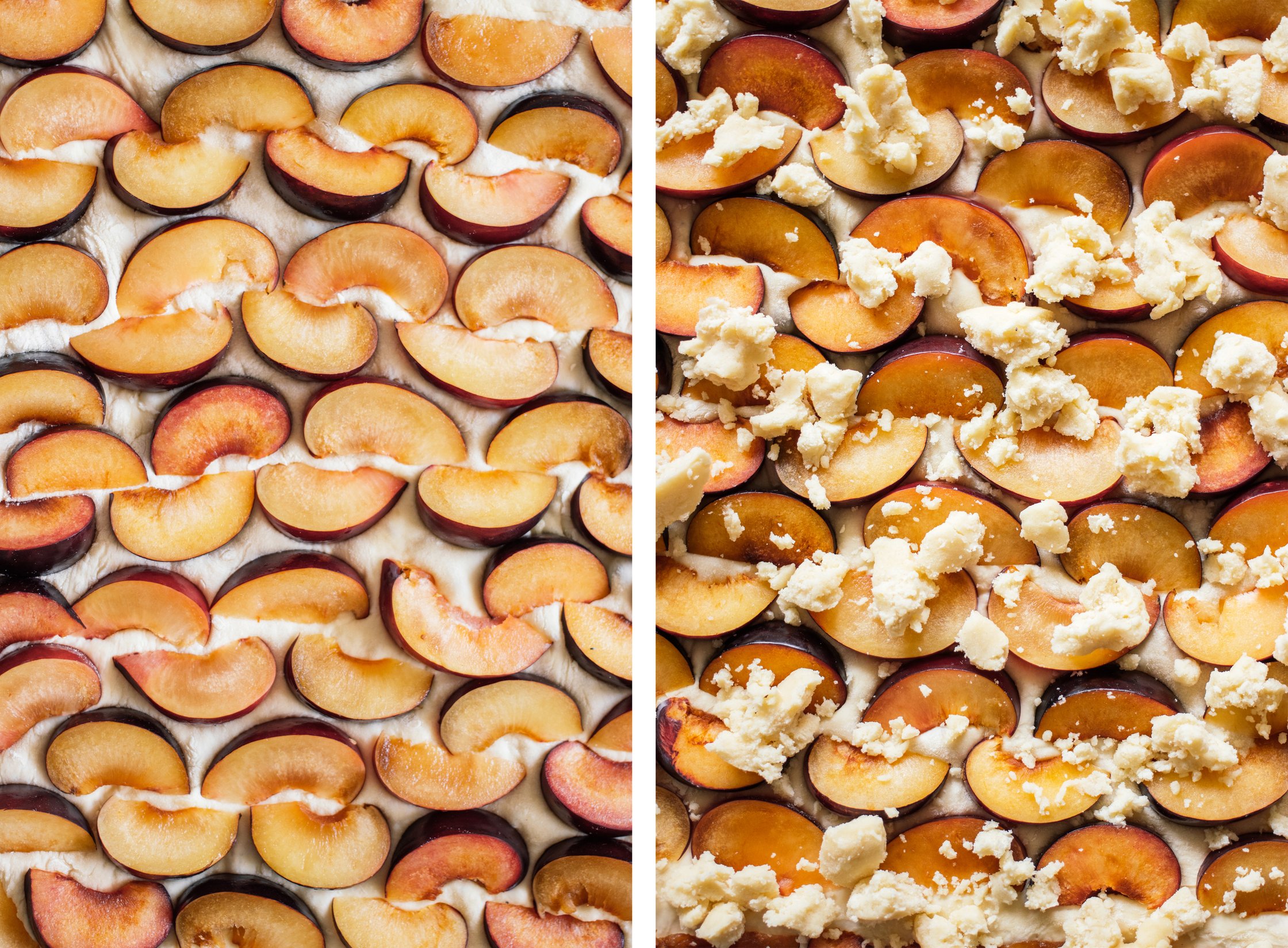 adding crumble topping to plums on Sheetpan