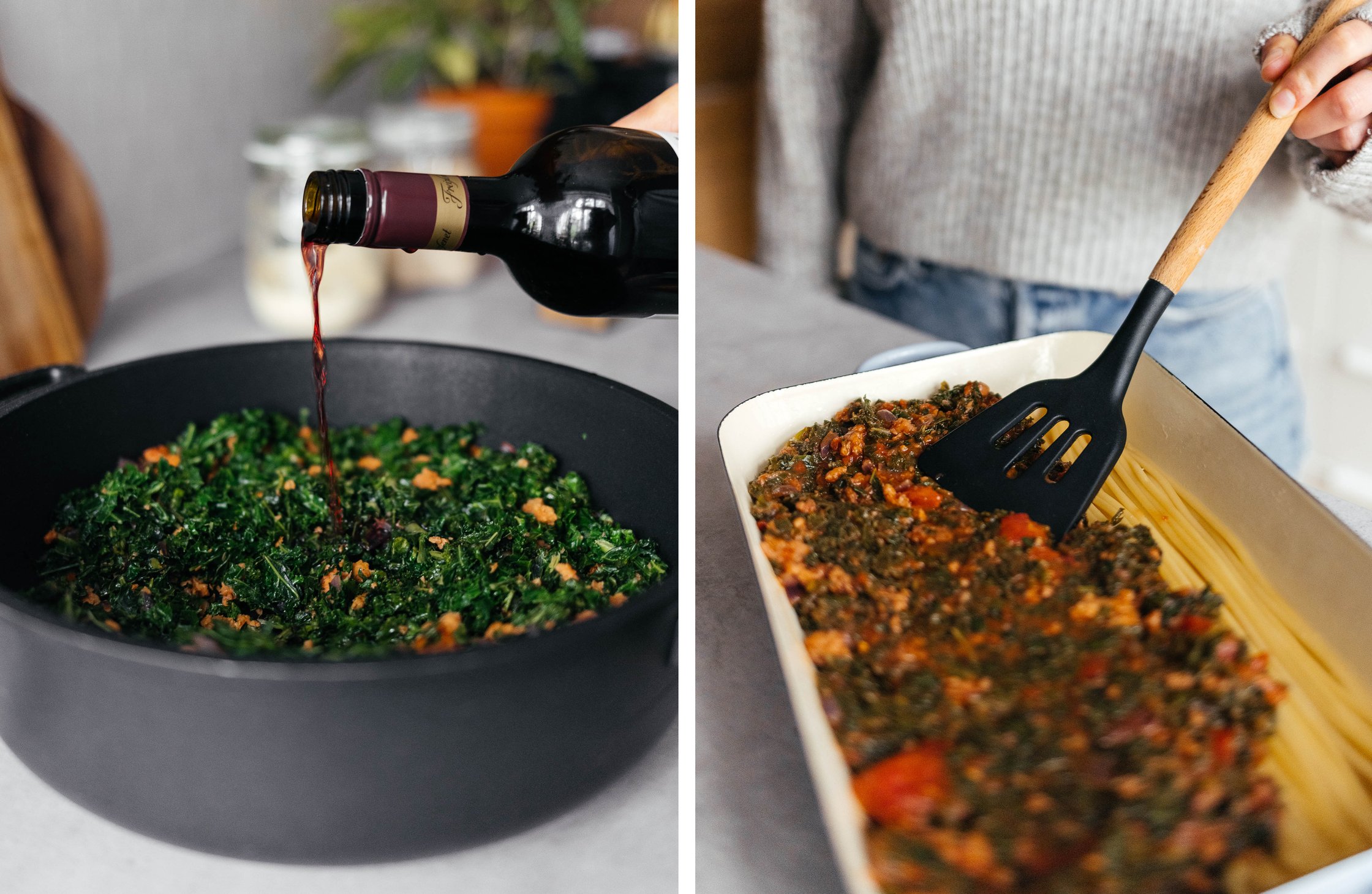 Soße mit Rotwein ablöschen und auf Nudeln verteilen