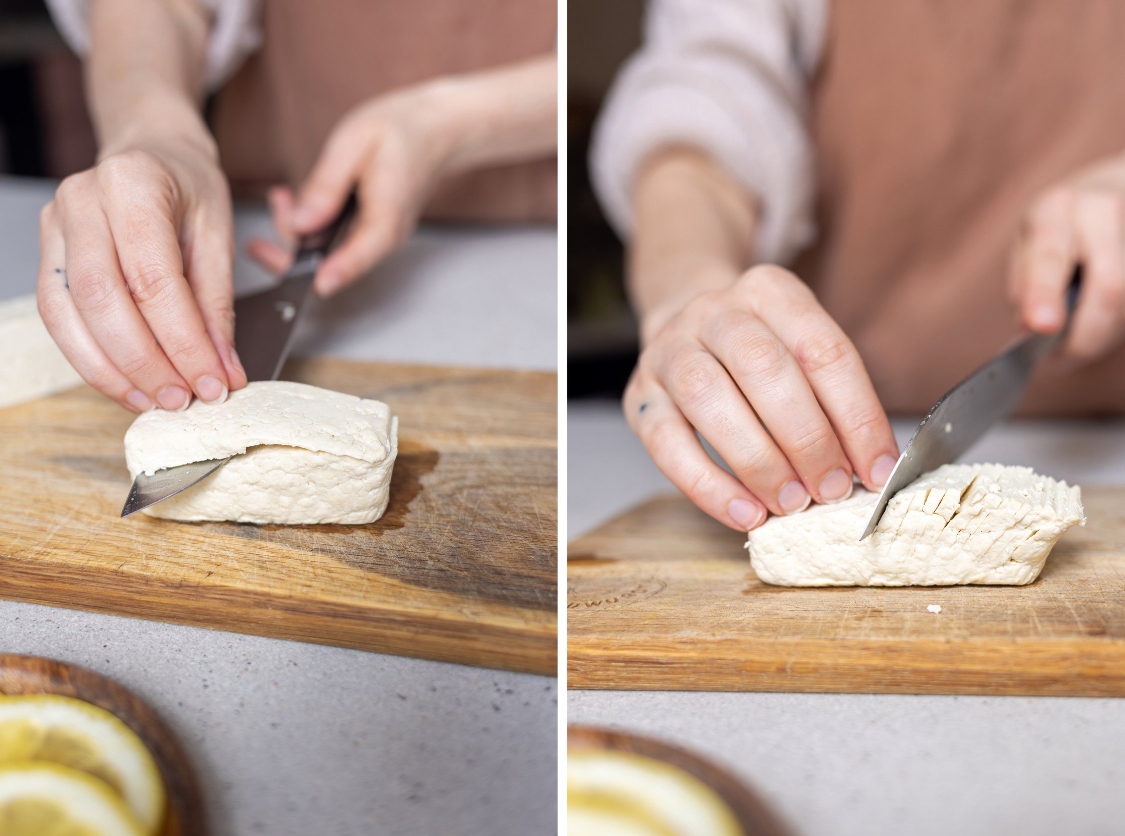 tofu wird zugeschnitten zu einem veganen lachs-filet