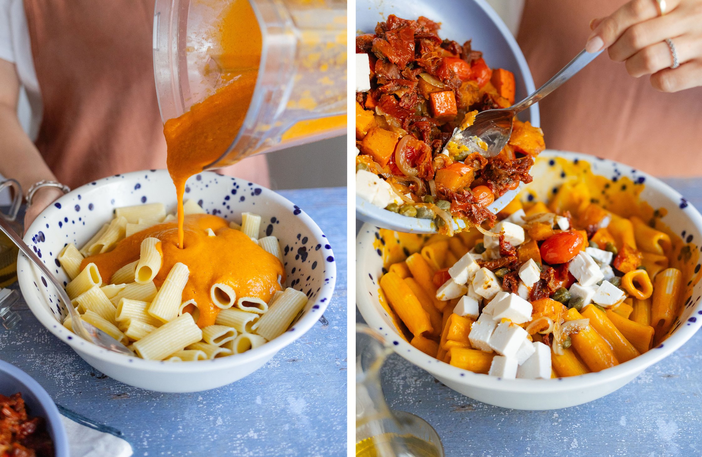 cremige Kürbissoße wird aus einem Mixer zur Pasta gegeben; getrocknete Tomaten und veganer Feta werden untergerührt