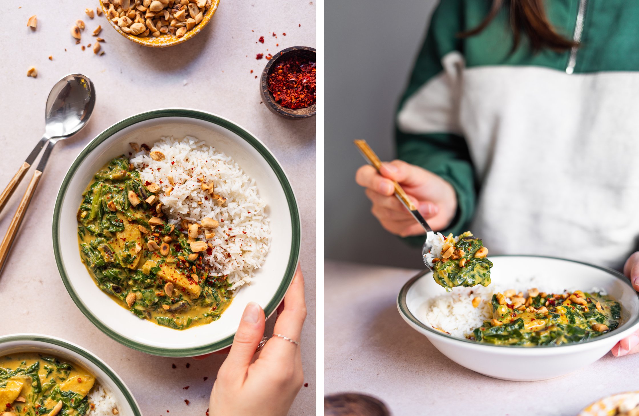 links: Erdnuss curry mit reis auf Teller 
rechts: Löffel mit curry