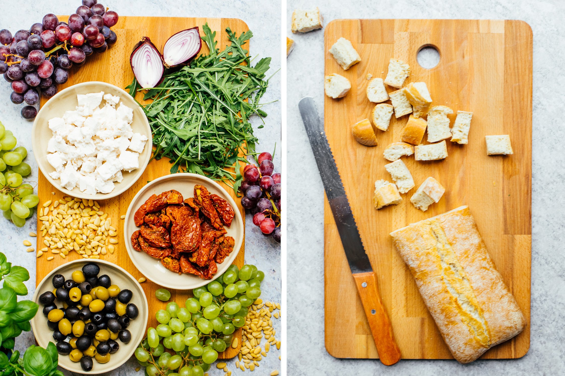 Schneidebretter mit Brot und Zutaten für veganen Brotsalat
