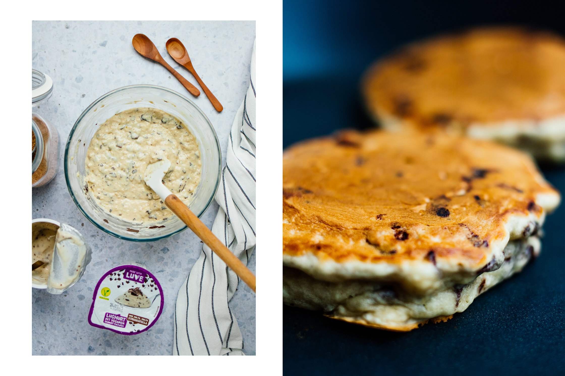 preparing vegan stracciatella pancakes