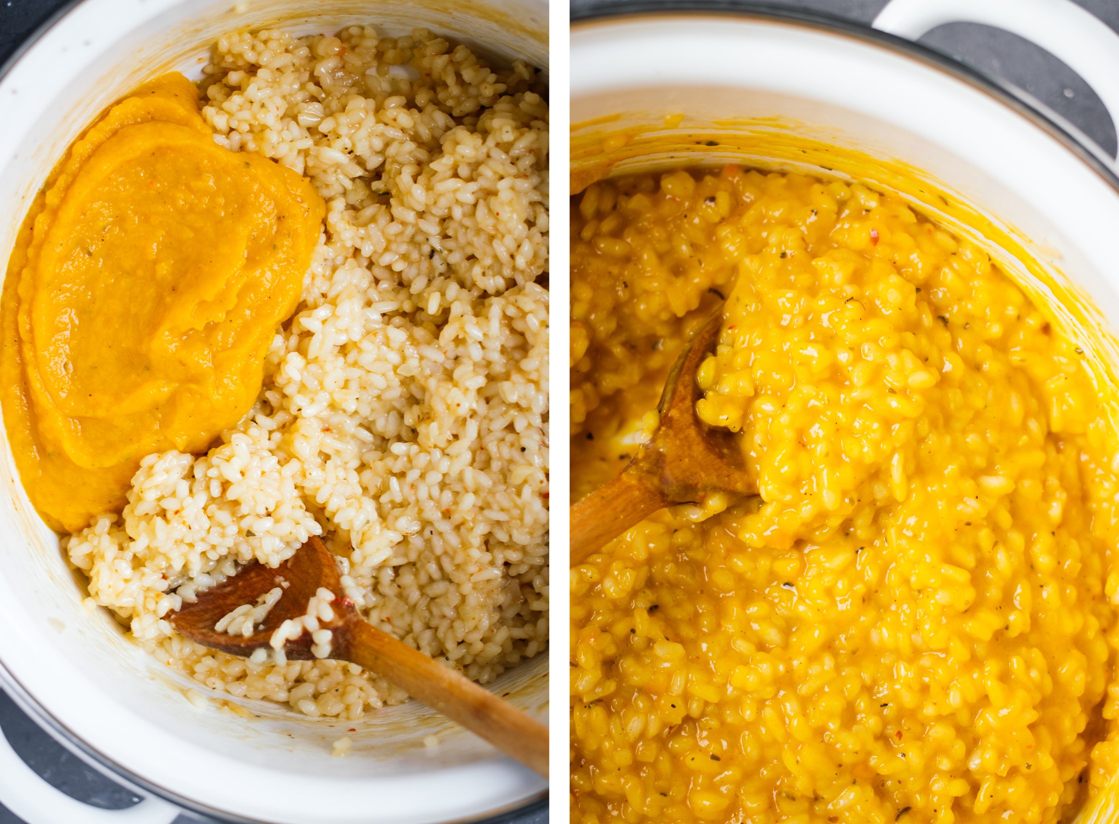 mixing cooked risotto rice with pumpkin puree
