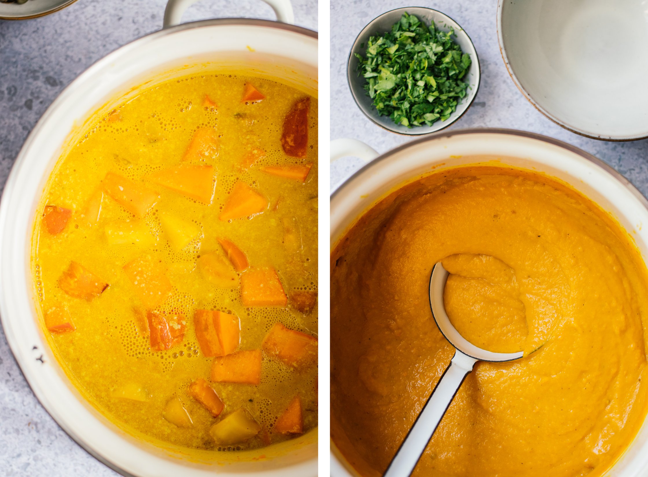 vegan pumpkin soup before and after blending