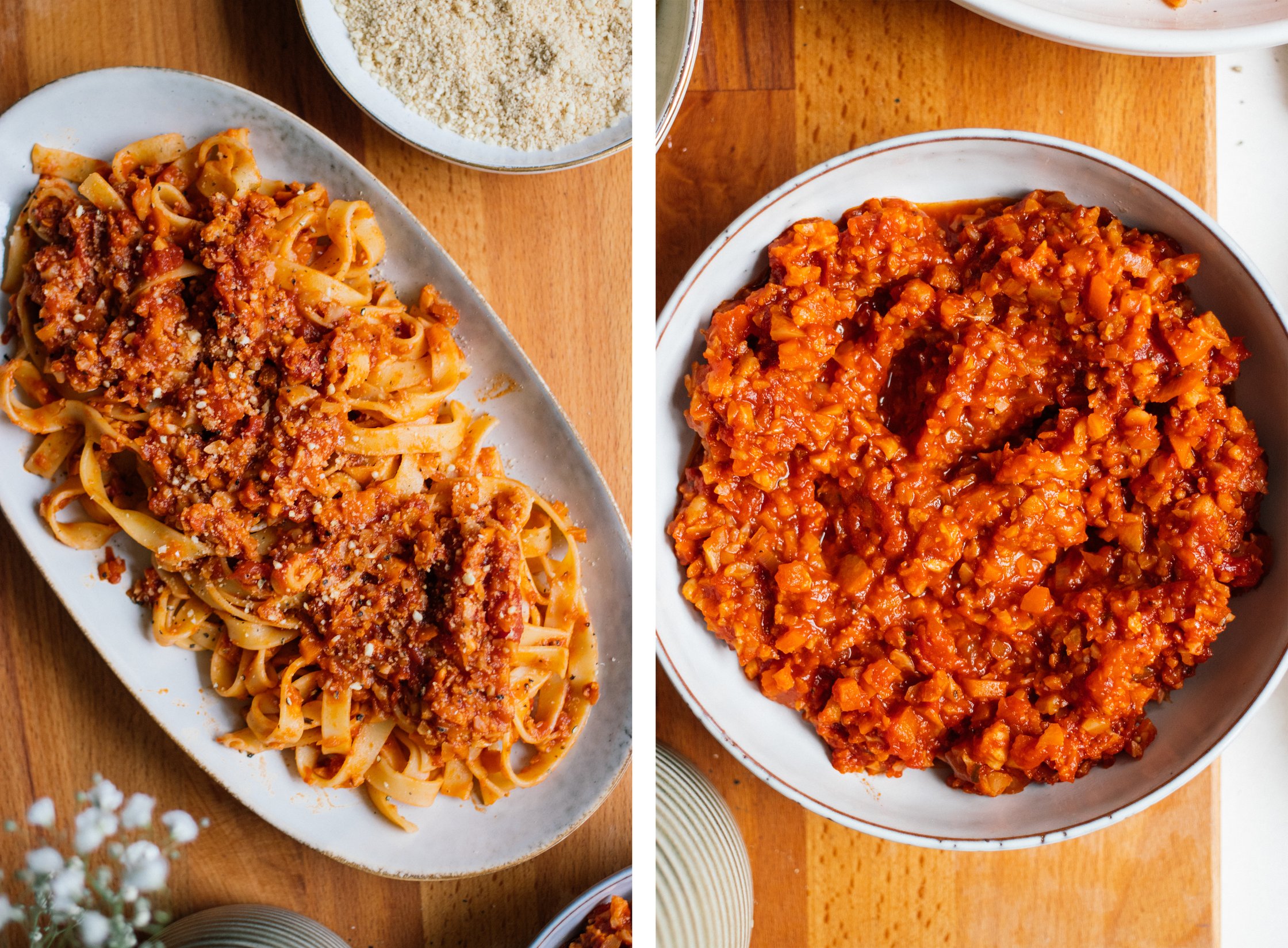 nahaufnahme von veganer blumenkohl bolognese