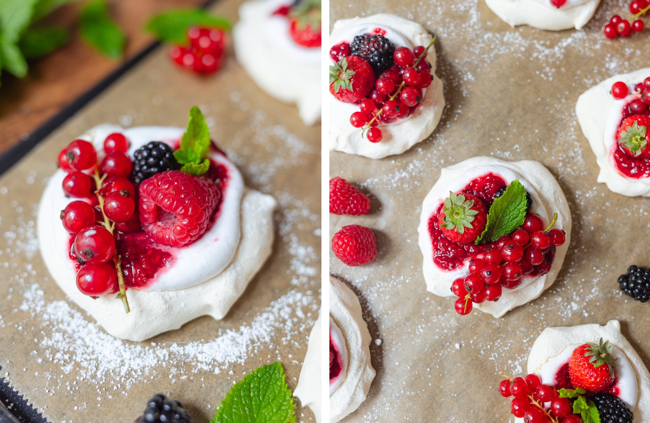 veganes Pavlova mit Sahne und roten Beeren auf einem Backblech