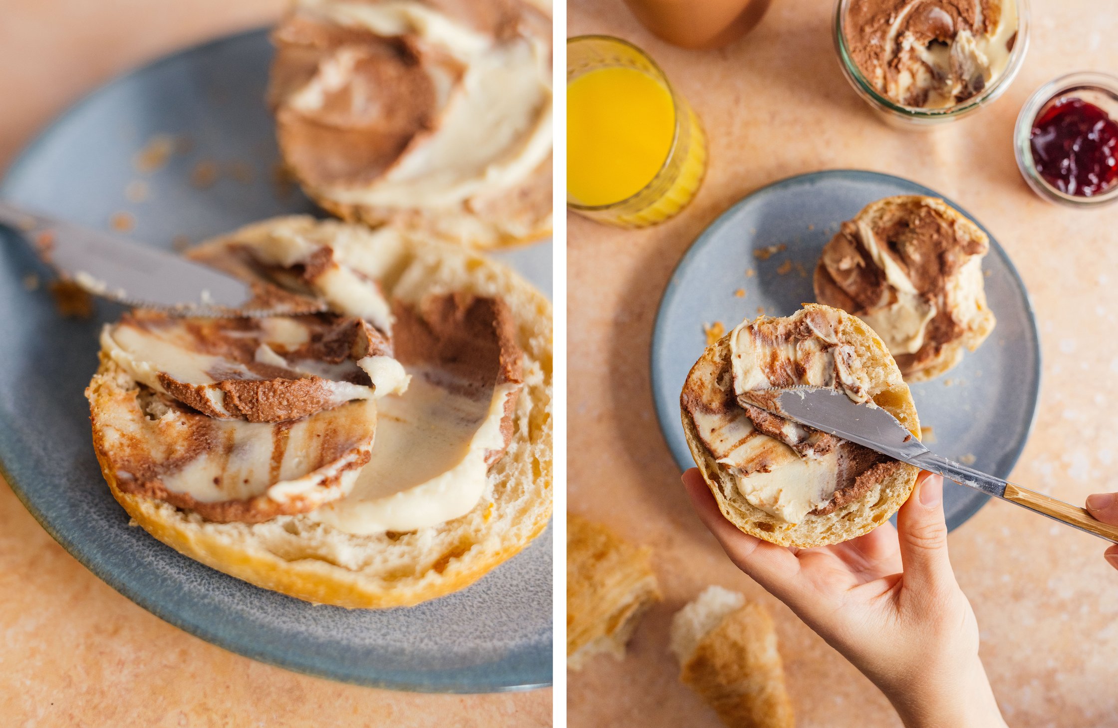 Schoko Swirl Aufstrich auf einem Brötchen