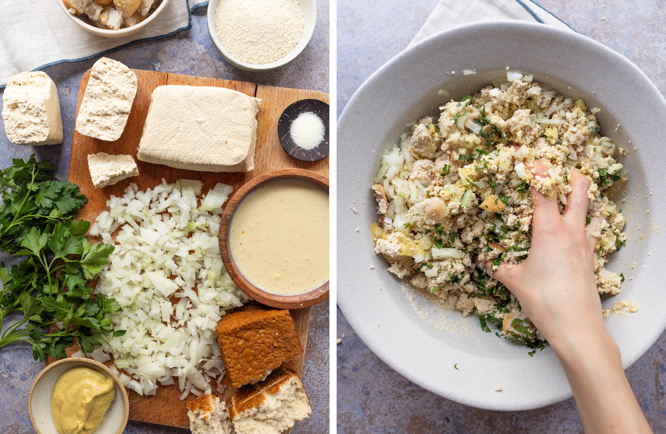 links: Zutaten für vegane Königsberger Klopse
rechts: Zubereitung veganer Klopse